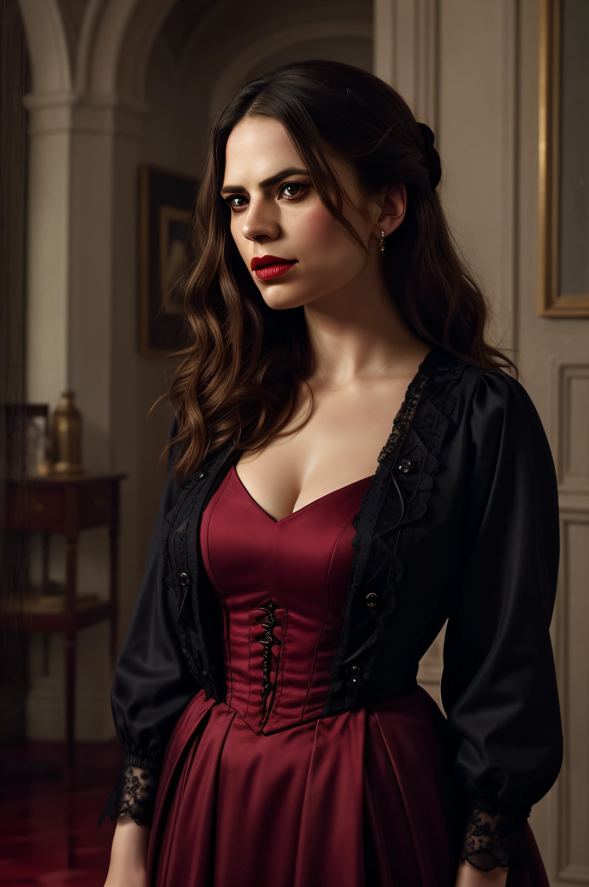 Beautiful woman, Hayley Atwell, standing, wearing (scarlet Victorian floor length gown), beautiful legs, long wavy hair, detailed eyes, (detailed realistic face), (skin texture), blood red lips, dark eye makeup, very pale skin, confident, highly detailed, candid style, (extremely detailed CG unity 8k wallpaper), (whole body shoot::1.4), photo of the most beautiful artwork in the world, dark Victorian gothic, fashion top model, trending on ArtStation, trending on CGSociety, Jeremy Mann, Intricate, High Detail, Sharp focus, dramatic, photorealistic painting art by midjourney