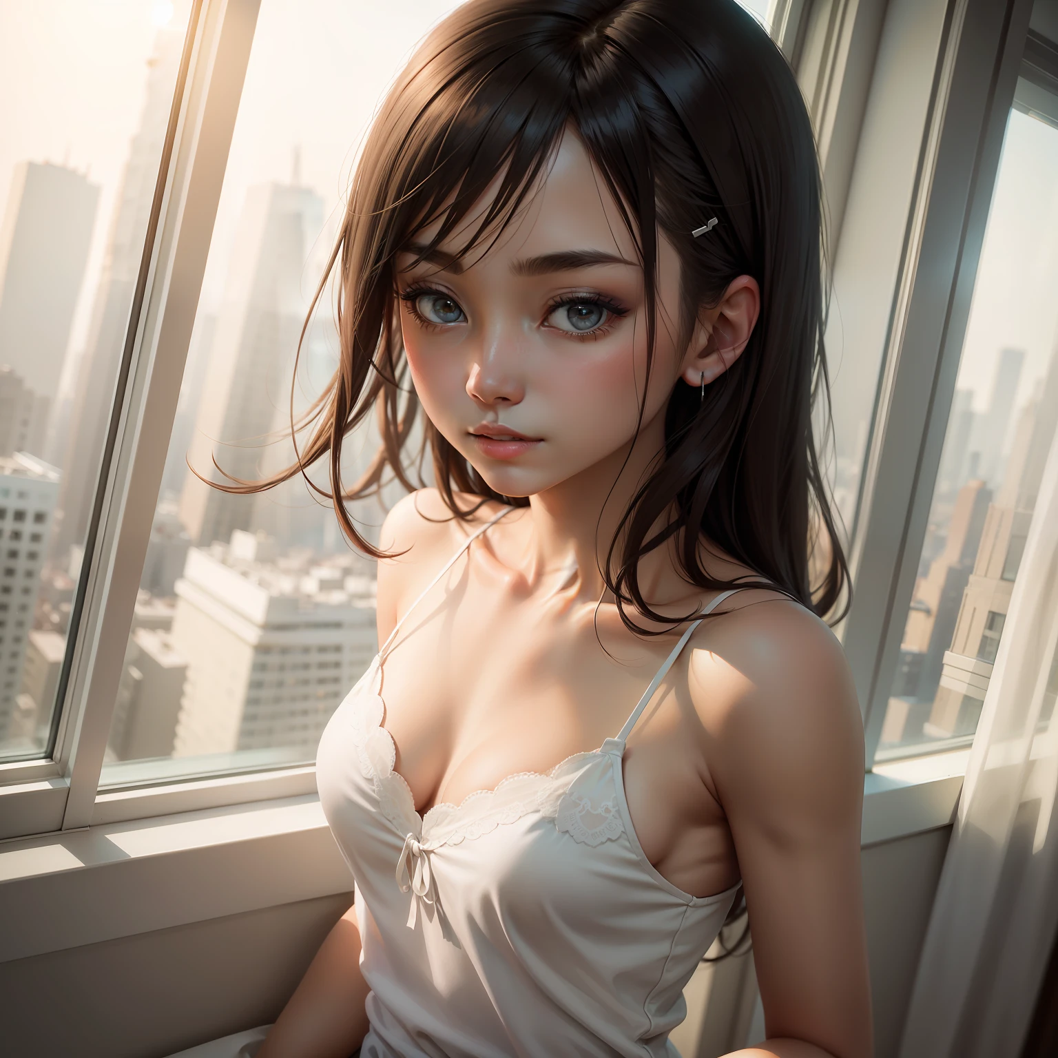 slimfigure, camisole,Lace,white colors,full bodyesbian,bblurry, Solo girl,A detailed face ,small busts, photore, realisticlying, best qualtiy, adopted, 详细的脸, Business hotel room window, building from window, detailedbackground, Diffused sunlight, depth of fields, Bokeh,