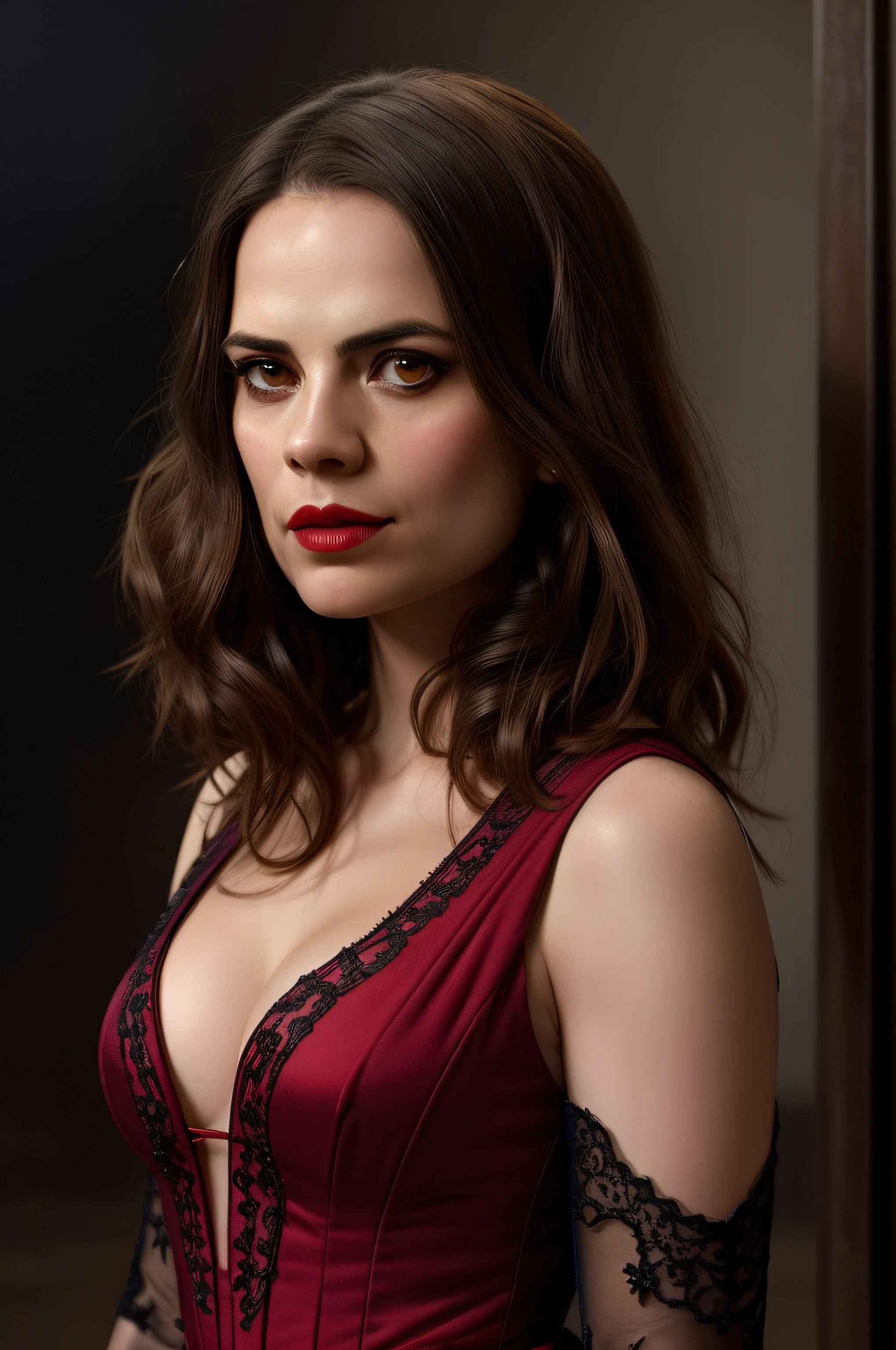Beautiful woman, Hayley Atwell, standing, wearing (scarlet Victorian floor length gown), beautiful legs, long wavy hair, detailed eyes, (detailed realistic face), (skin texture), blood red lips, dark eye makeup, very  pale skin, confident, highly detailed, candid style, (extremely detailed CG unity 8k wallpaper), (whole body shoot::1.4), photo of the most beautiful artwork in the world, dark Victorian gothic, fashion top model, trending on ArtStation, trending on CGSociety, Jeremy Mann, Intricate, High Detail, Sharp focus, dramatic, photorealistic painting art by midjourney