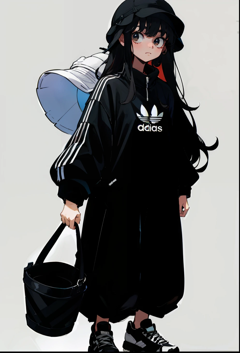 Black hair, 1Girl, Adidas Clothing, Long-haired, Bucket Hat