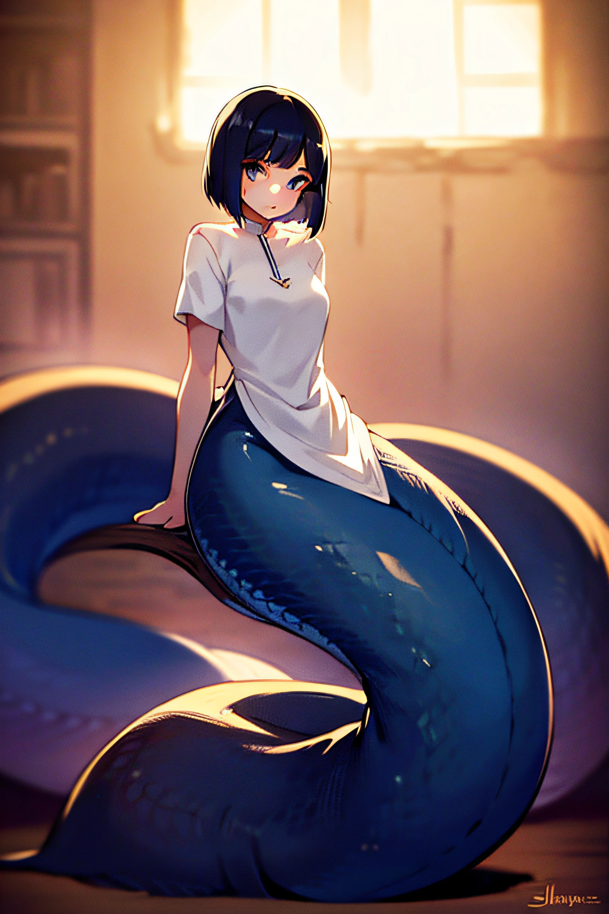 1girl, lamia, scales, white shirt, full body, Original Character, Volumetric Lighting, Best Shadows, Shallow Depth of Field, Stunningly Beautiful Girl, Petite, Delicate Beautiful Attractive Face