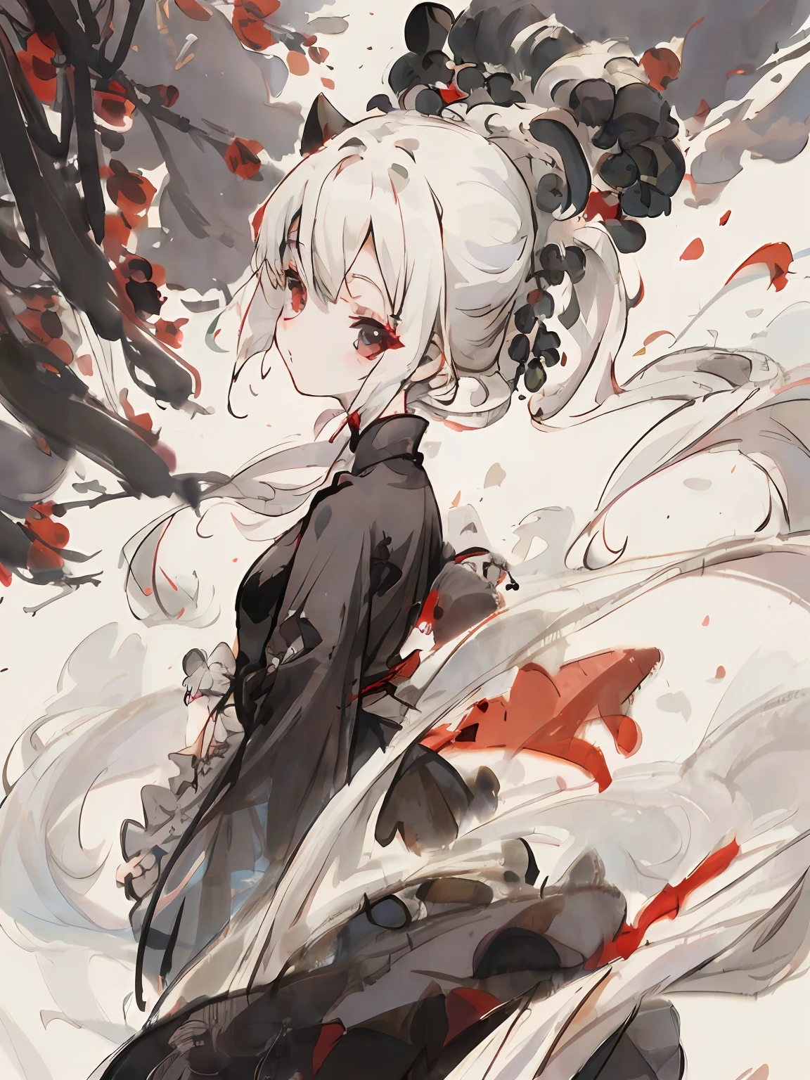 ​masterpiece, top-quality, hight resolution, 1girl, long white hair, medium chest, Black cheongsam, from side, Looks Back, The upper part of the body, Partial immersion, rose, east asian east asian architecture,