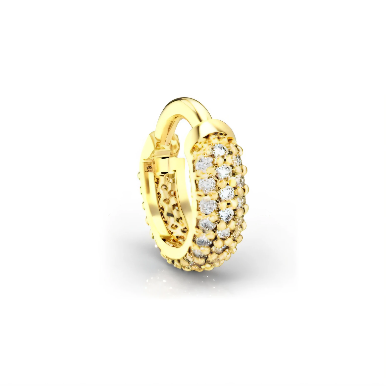 um brinco de aro dourado com cubos e diamantes, ouro dourado e diamantes, Brincos de aro de ouro, ultra detalhado 16k, brinco de ouro, 3D 16K, banhado a ouro, 360, full-length view, pequenos brincos cravejados, Airpods Bling, very realistic, 8 K H 1 0 2 4, h 1088, ouro realista