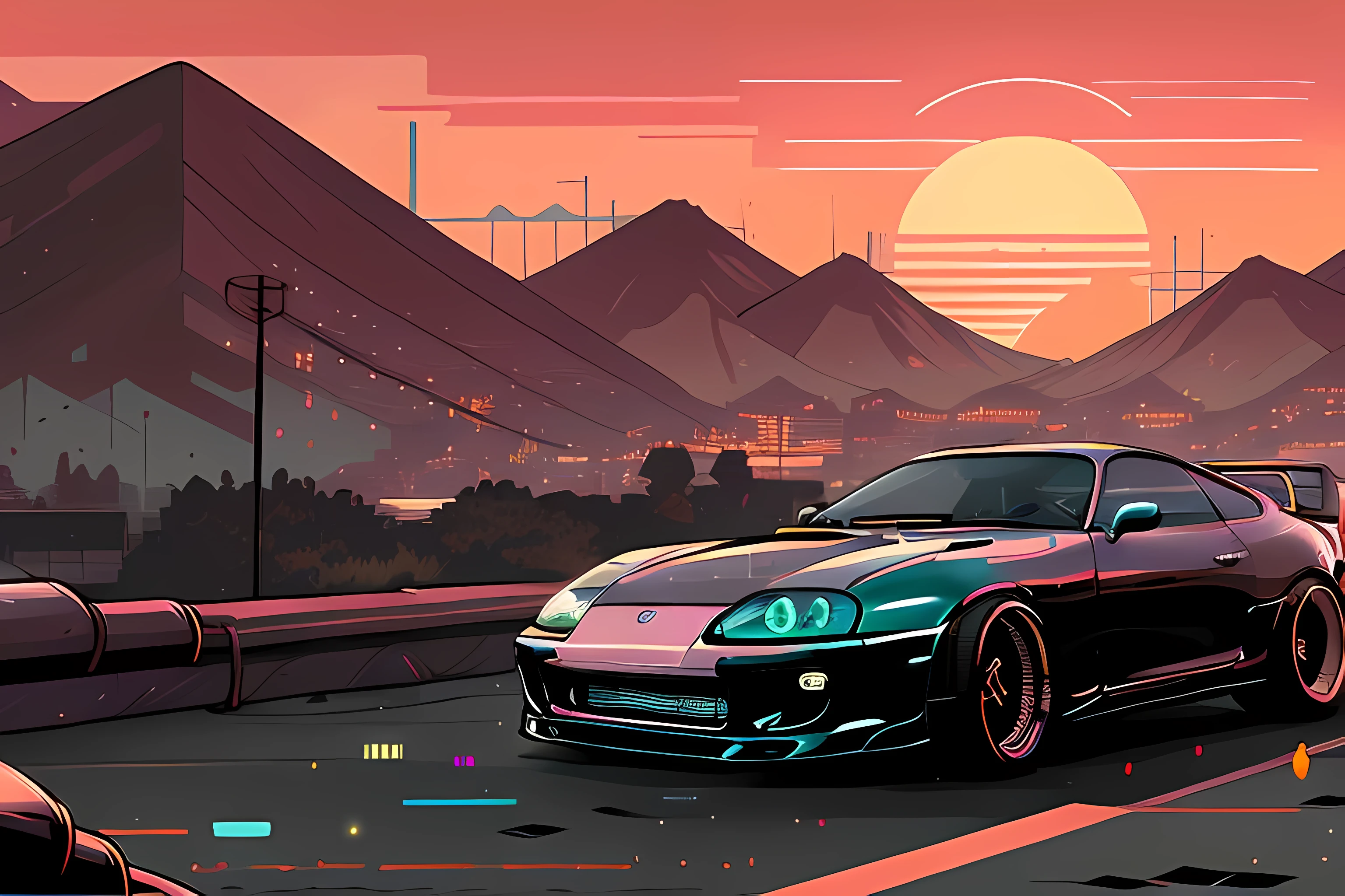 (nvinkpunk:1.2) (snthwve style:0.8) VAL1 mk4Supra VAL2, lightwave, sunset, intricate, highly detailed