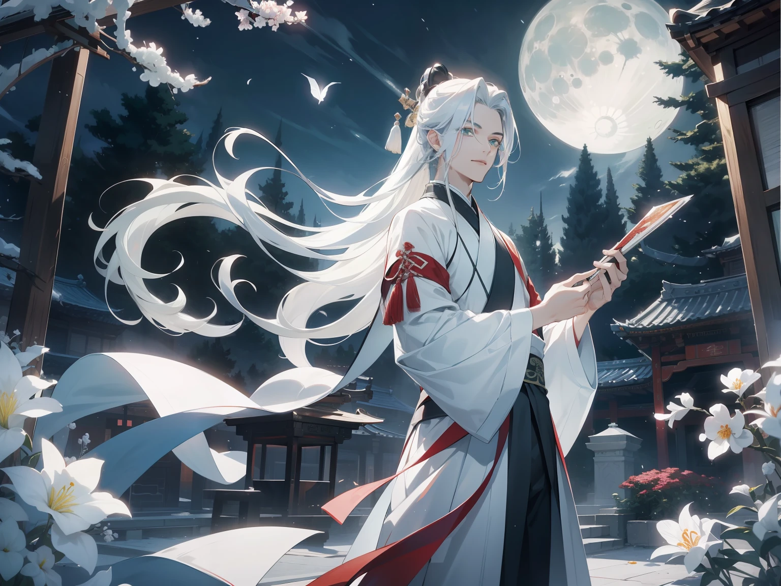 tmasterpiece,Ultra-clear image quality,1 man,20yr old,,Long white hair,Hanfu,ssmile,Pale green eyes,Look up at the perspective,Folding fan in hand,Background with:Inside the moonlit garden,