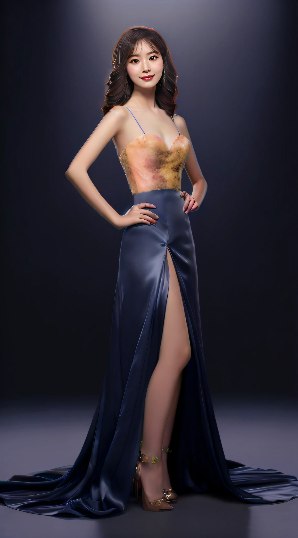 A famous Chinese hostess, Wear a sparkling evening dress in purple,standing in the studio, facing the camera head-on, Clear textured skin,full body portrait, showing snow-white thighs, exposing shoulders and arms, and wearing gorgeous high heels.Photorealistic, Full body portrait, stunningly beautiful, dynamicposes, Delicate face, Vibrant eyes, ( Frontal view),The photograph is captured using a Canon EOS 5D Mark IV camera, paired with a Canon EF 50mm f/1.2L USM lens, renowned for its ability to create a shallow depth of field and beautiful bokeh. The settings used are an aperture of f/1.4 to create a dreamy, blurred background that accentuates the girl and the temple's exquisite architecture, an ISO of 200 for optimal image quality, and a shutter speed of 1/250 sec,highdetailskin, Realistic skin details, Photorealism