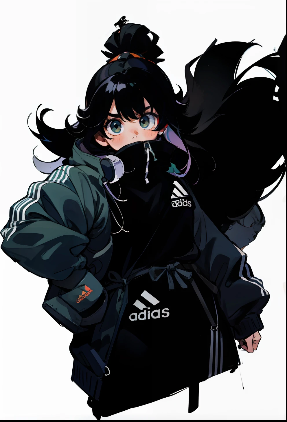 Black hair, 1Girl, Adidas Clothing, Long-haired, goggles