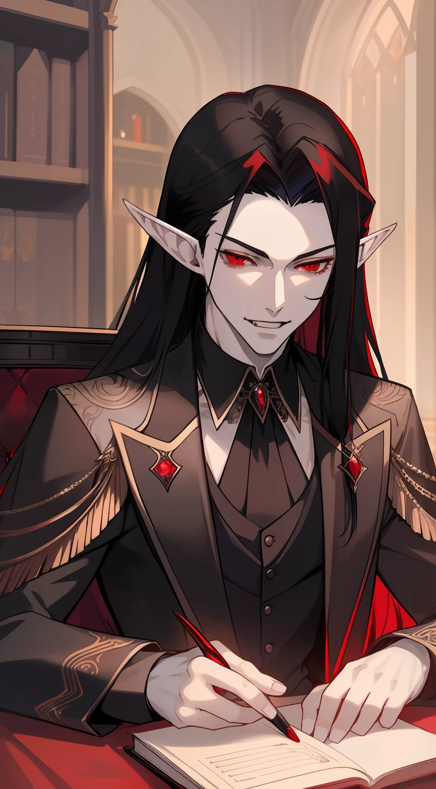 1man, male, anime, pale skin, very long hair, black hair, crimson red eyes, intricate details, best quality, elf ears, smirk, detailed face, detailed hands, holding book with one hand, library, dark, dim light, open chest, butler clothes, adult male, slim muscular, fit, look at viewer, sitting at chair, side glance, vampire features (pointy ears, pale skin, red eyes, slim body), animated, semi realism, detailed eyes, perfect features (eyes, hands), portrait image, man