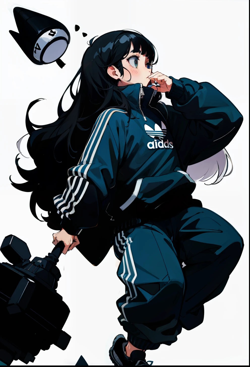 Black hair, 1Girl, Adidas Clothing, Long-haired