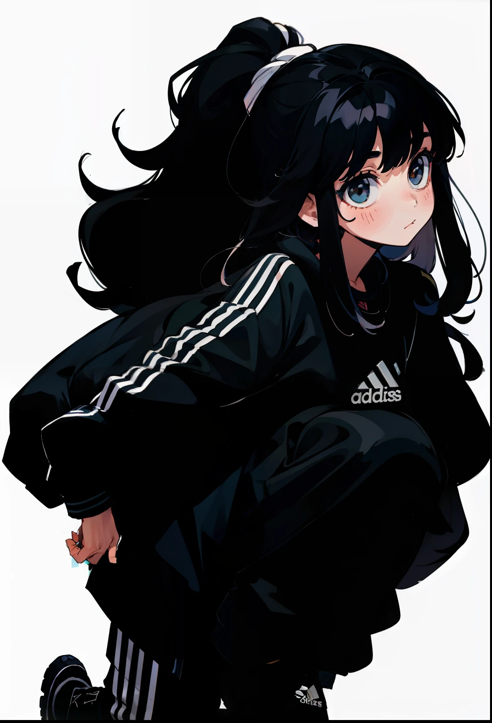 Black hair, 1Girl, Adidas Clothing, Long-haired