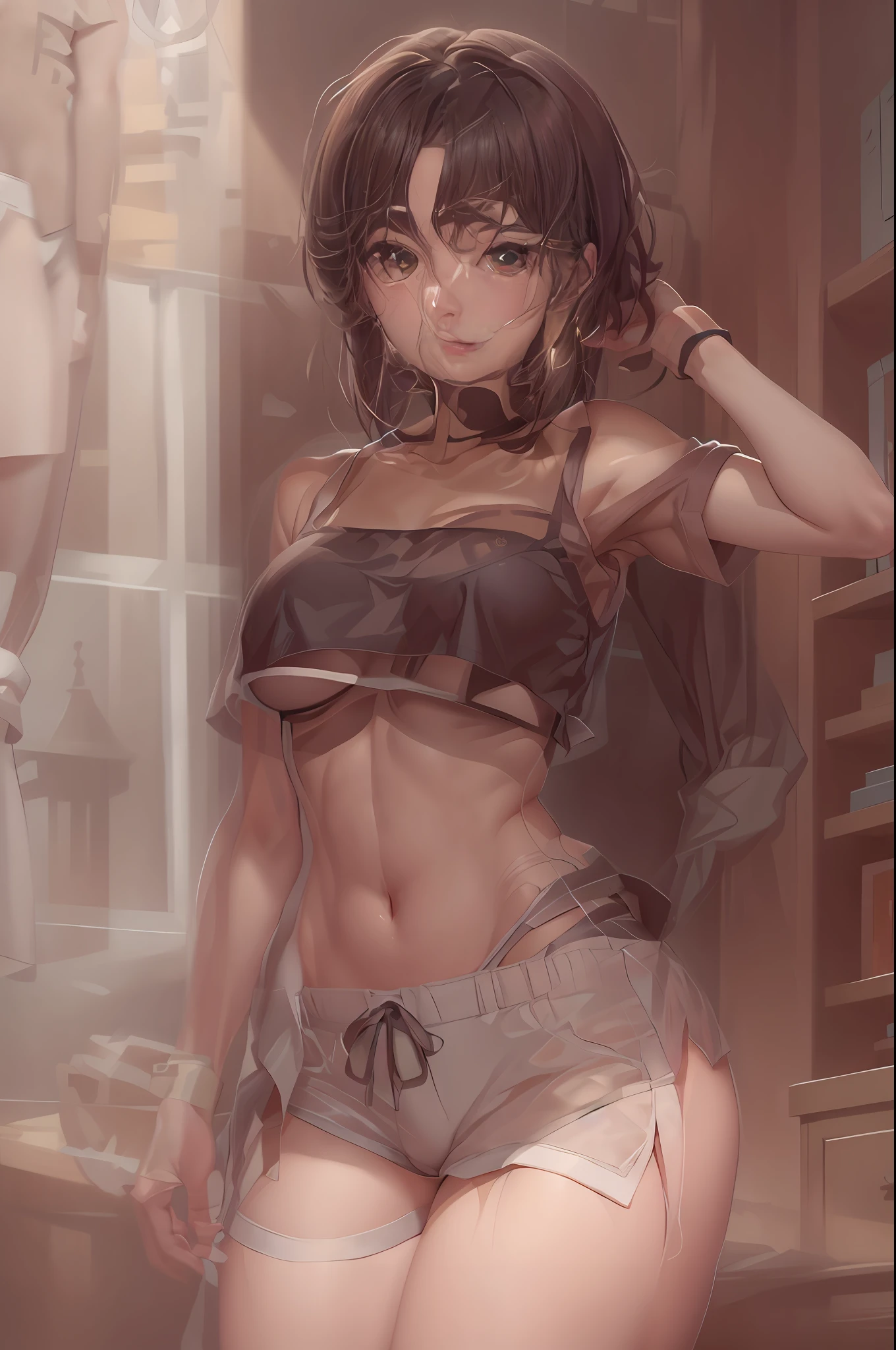 masterpiece, best quality, highres, ma1, brown eyes, camisole, short shorts, midriff, street, panties, underboob, underboob cutout,