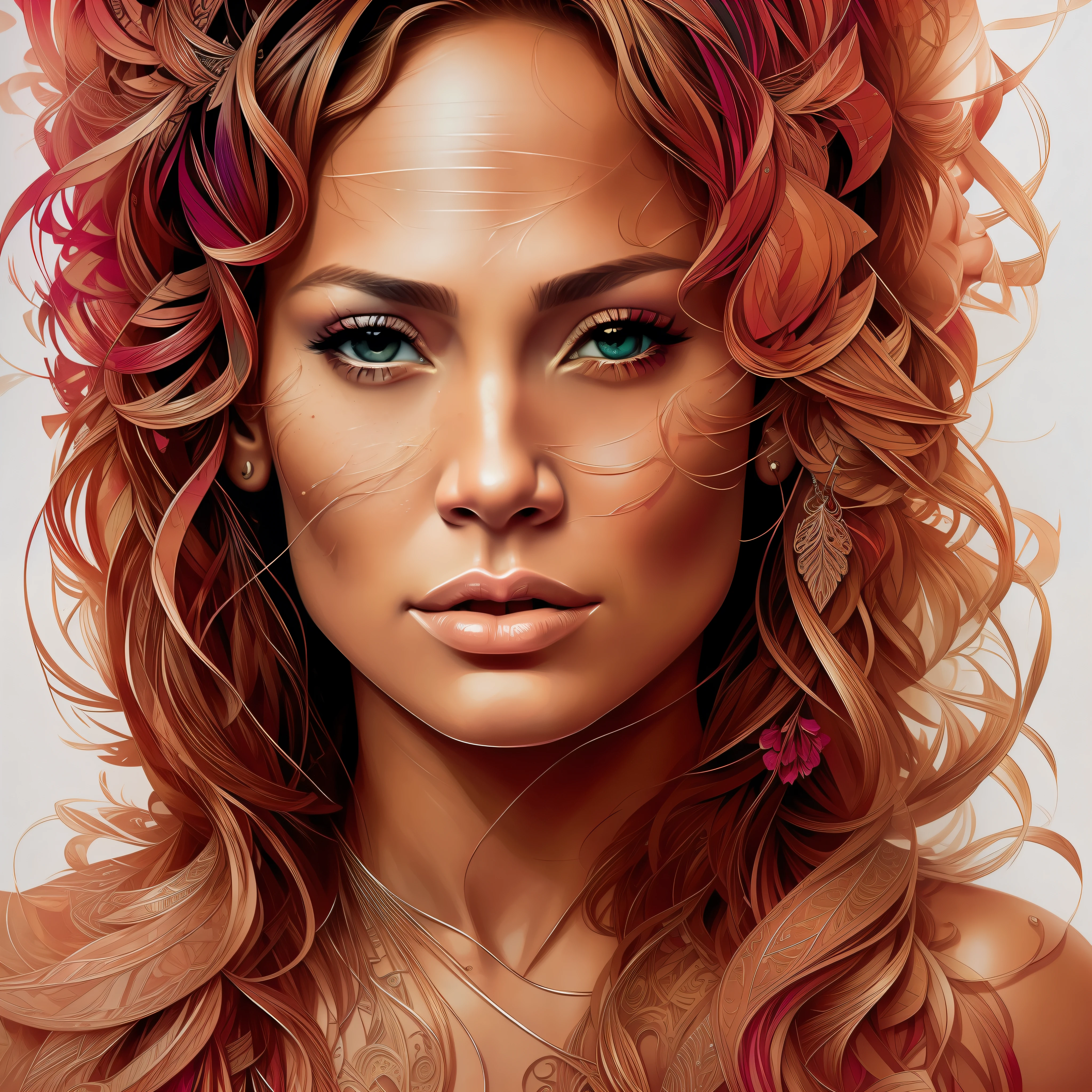 Jennifer Lopez like strong warrior princess, centered, key visual, intricate, highly detailed, breathtaking beauty, precise lineart, vibrant, comprehensive cinematic, Carne Griffiths, Conrad Roset, (the most beautiful portrait in the world:1.5)