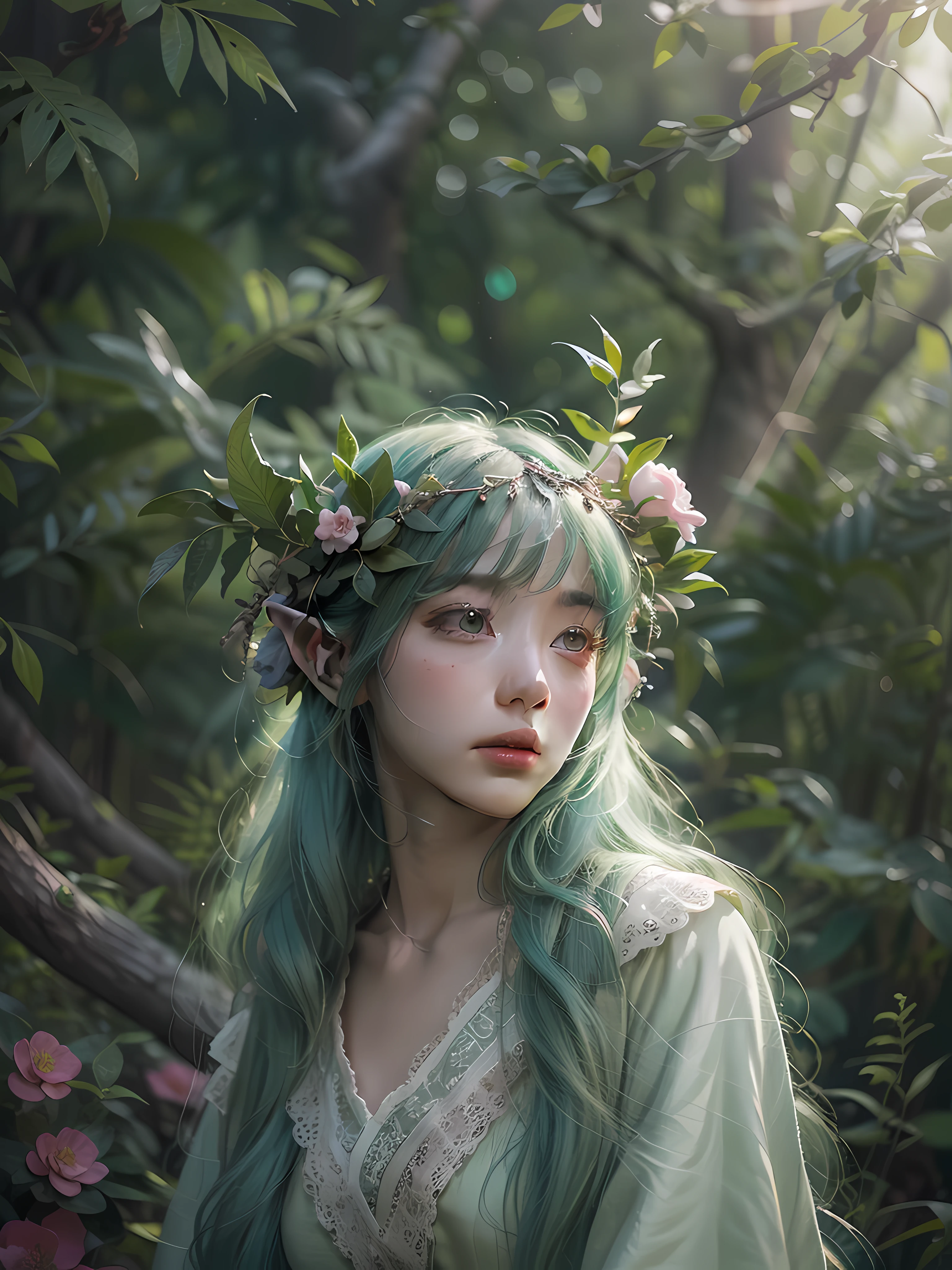 Best quality at best，Epic work，tmasterpiece，超高分辨率，the detail，photograph of-realistic，Cinema lenses，Natural lighting，Forest Elf Maiden，green color，sweet，Integration with the forest，the trees，fresh flowers