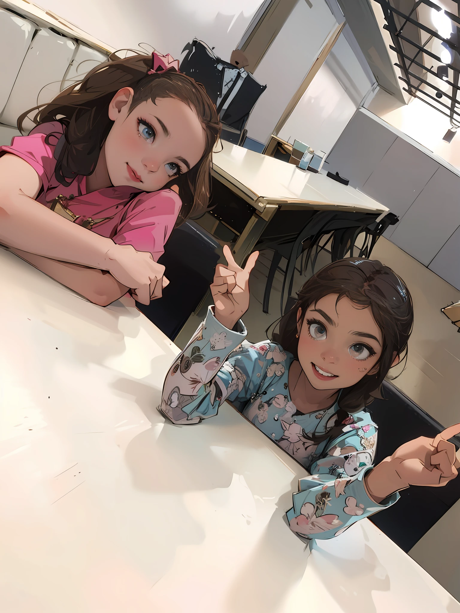 Two girls sitting at a table with their hands up, both smiling for the camera, Duas meninas, funny faces, pointing at camera, giving the middle finger, giving a thumbs up to the camera, cara de bobo, Rostos bonitos, pose divertida, dando os polegares para cima, Pose legal, Looking at camera!!!, funny and silly, modelagem para dulce e gabanna