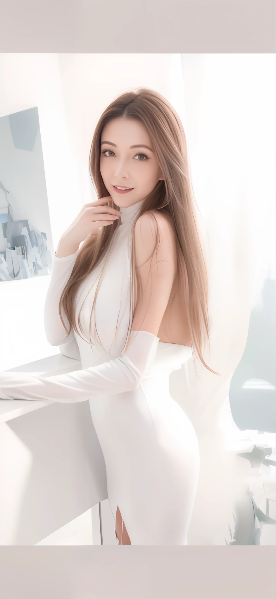 A close-up of a woman in a white dress posing for a photo, smooth white tight clothes suit, wearing white clothes, wearing tight suit, wearing white straitjacket, a beautiful woman in white aodai, gorgeous chinese models, tight costume, Attractive pose, cute girl wearing tank suit, long  white hair, dressed in a beautiful white, Sexy dress, To long-haired moms