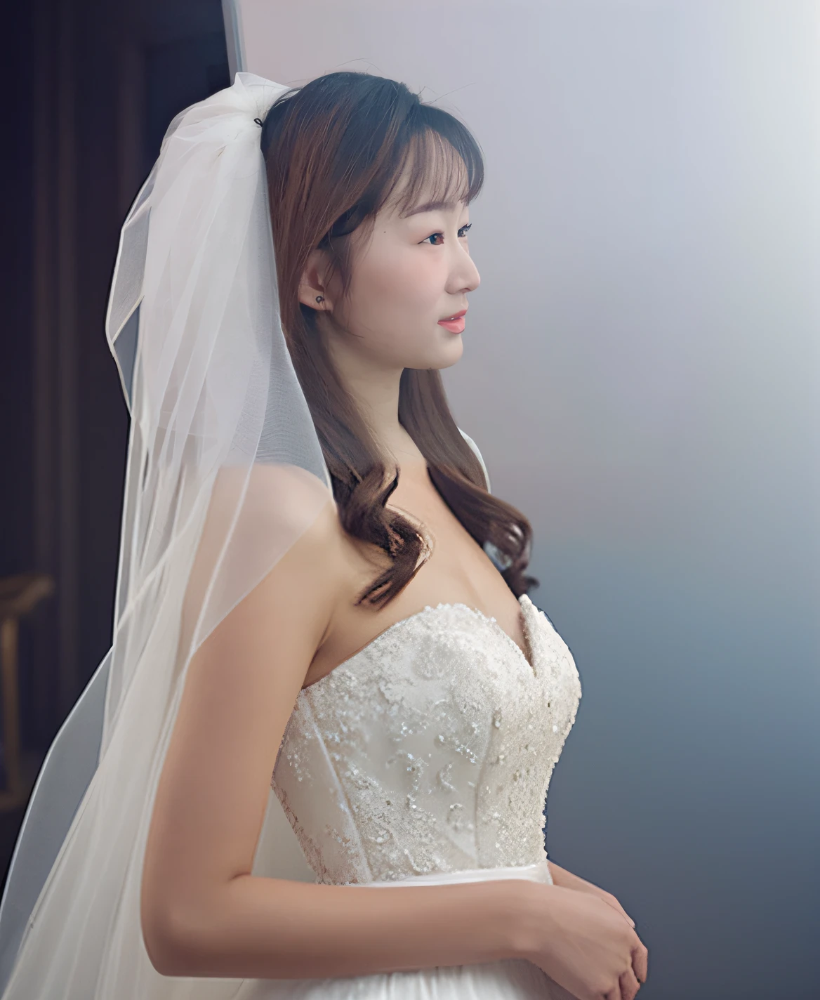 There was a woman wearing a veil and a white dress, simple white veil, headshot profile picture, the sideview, ( Side ) profile, chiho, round nose, lalisa manobal, 1/4 profile, jaeyeon nam, the sideview, side - view, with small nose, Choi Hyun-hwa, profile view, side profile portrait,Big chest,Wear a wedding dress