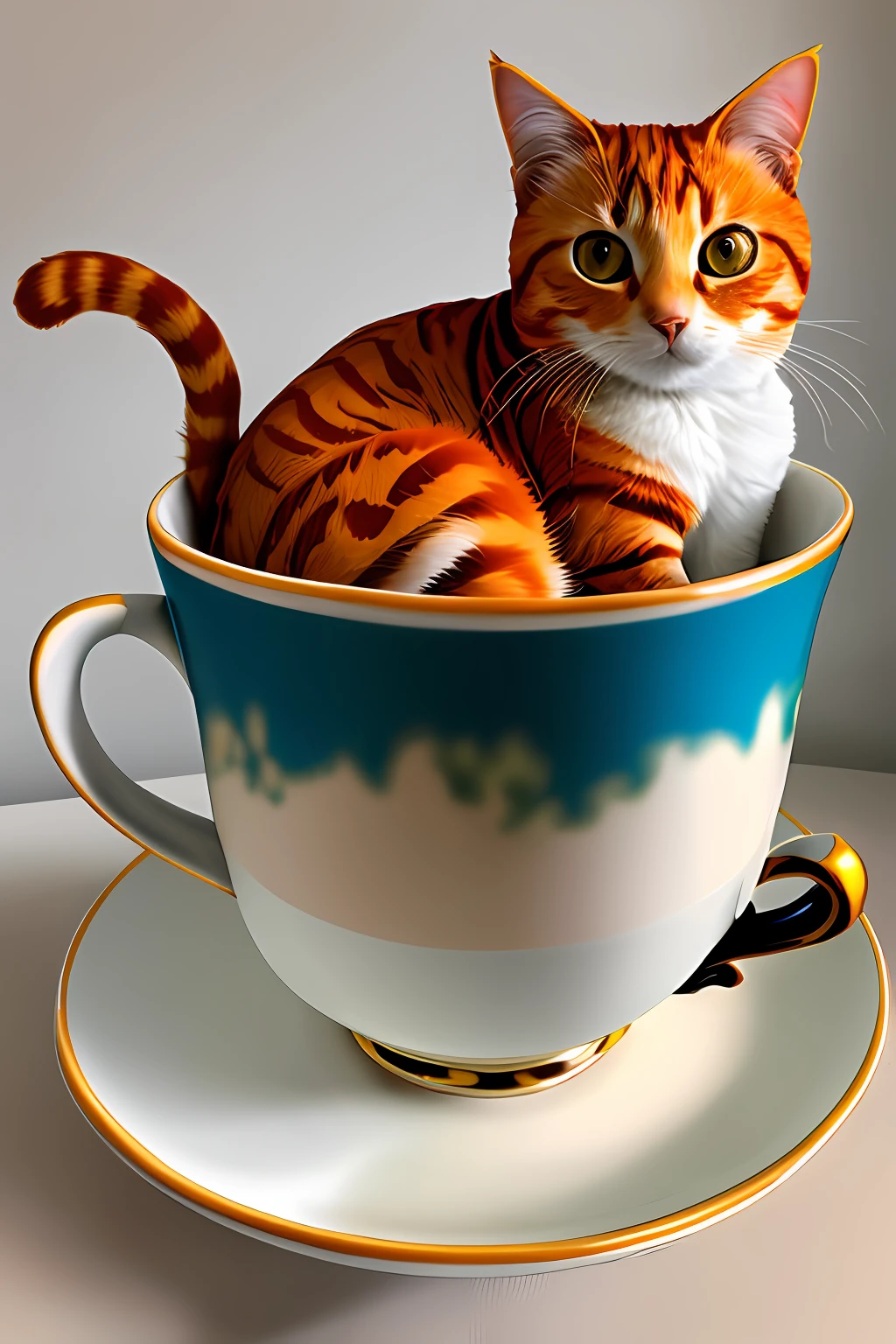 orange cat，In a large teacup，adolable，photorealestic，Realiy，rays of sunshine，shaggy，