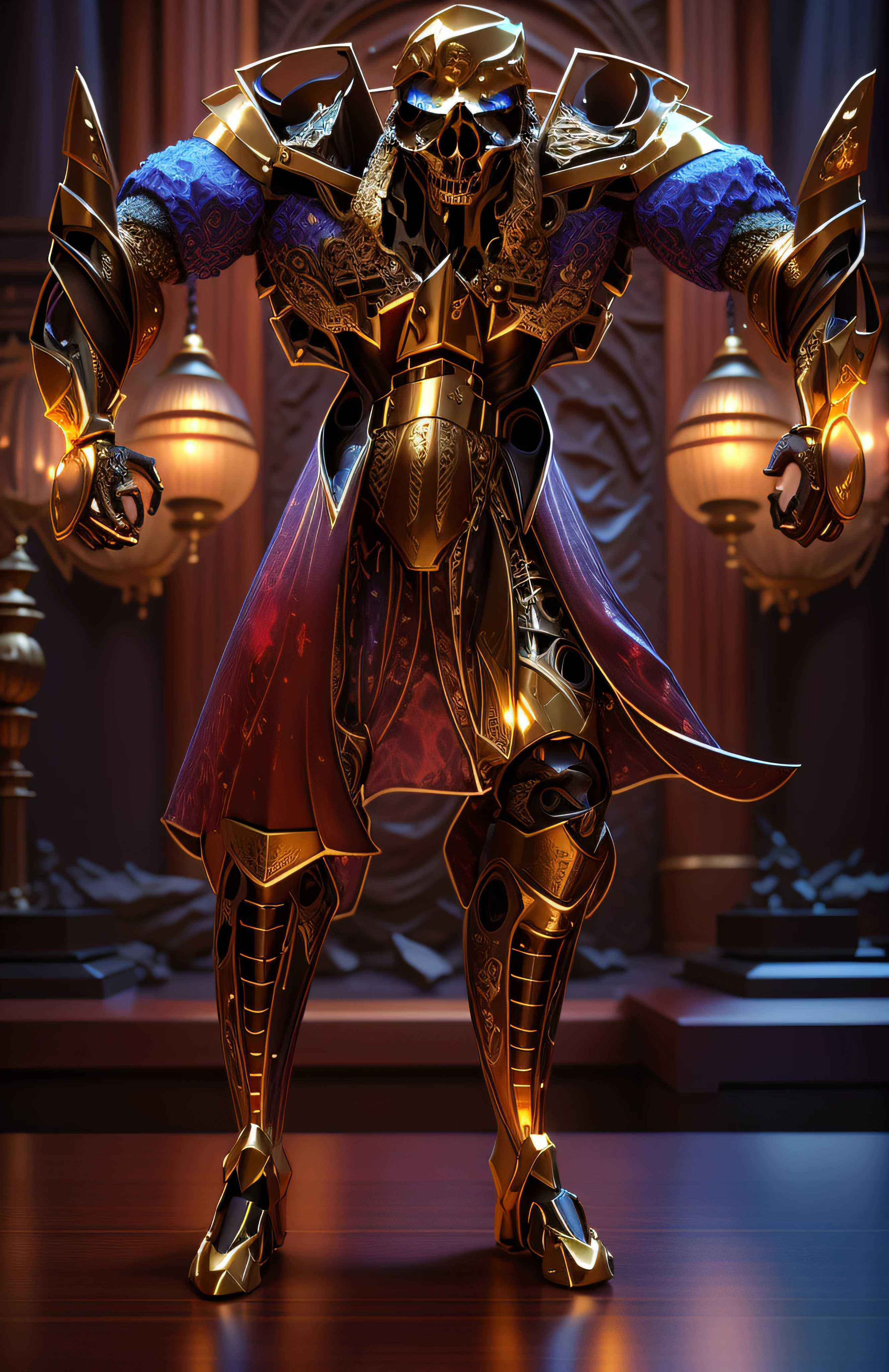 The sinister depiction of a skull-themed pirta, vermelho luminoso com dourado, pele feita de neon amarelo, 3D-rendering, Hyper-realistic graphics, 3D-rendering, 8k, NVIDIA, RTX 4090 | | | | | | | | | | | |, ray tracing, Bokeh, Galaxy scenery,
