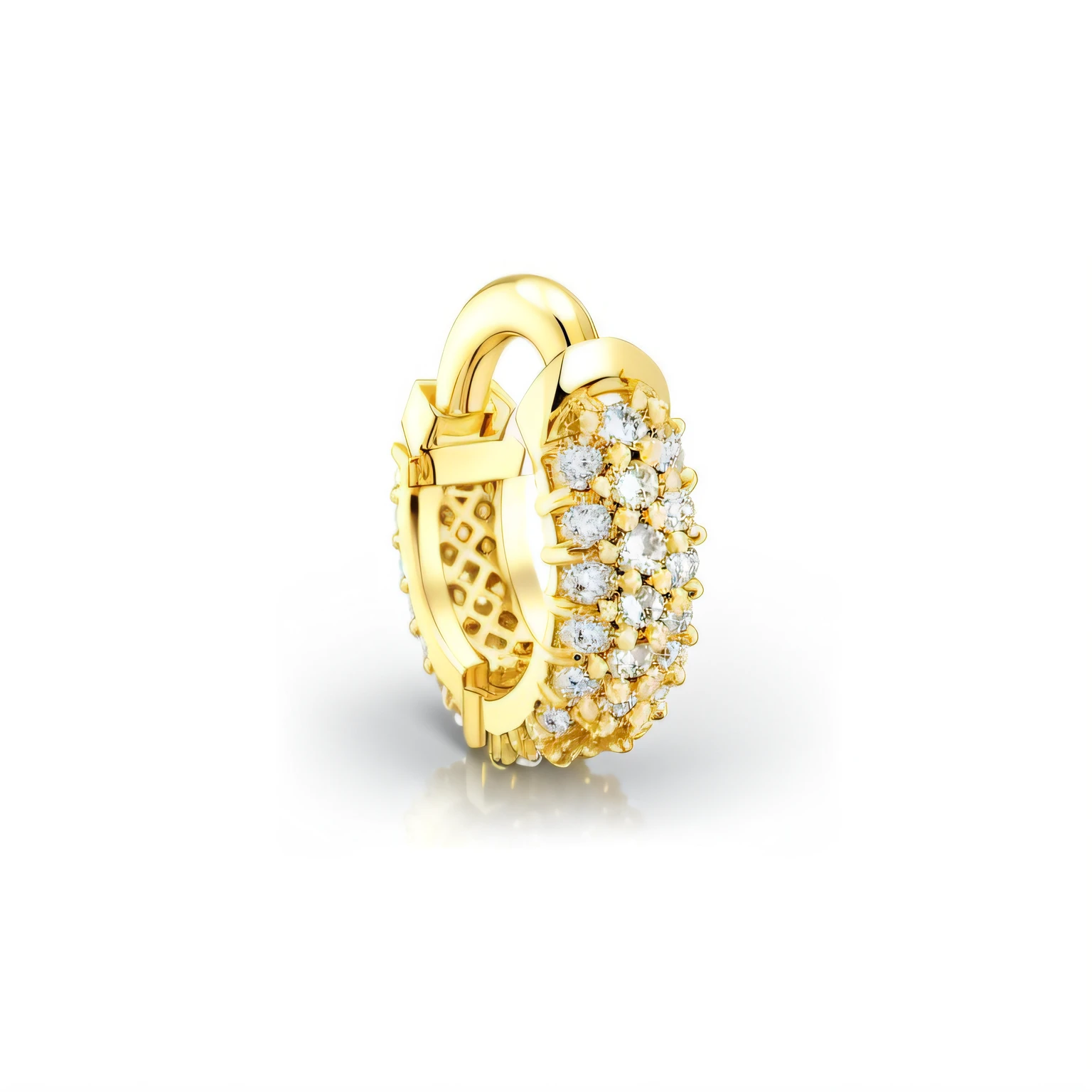 a gold-rimmed earring with cubes and diamonds, ouro dourado e diamantes, Brincos de aro de ouro, ultra detalhado 16k, brinco de ouro, 3D 16K, banhado a ouro, 360, full-length view, pequenos brincos cravejados, Airpods Bling, very realistic, 8 K H 1 0 2 4, h 1088, ouro realista