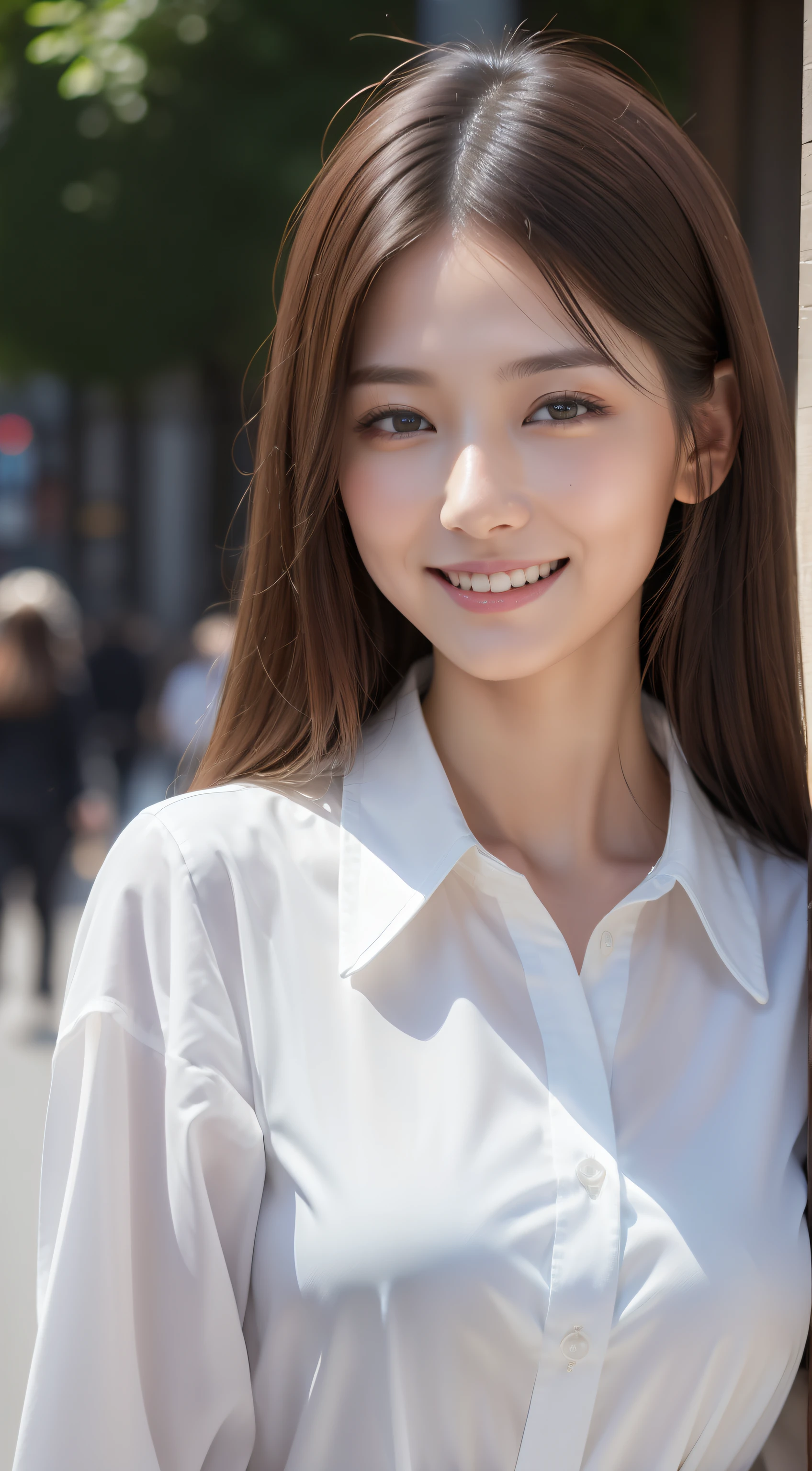 ((top-quality、8K、​masterpiece:1.3))、1girl in、A smile、full body Esbian、Slim Faces、Pretty women、(dark brown  hair)、(White button-up long shirt:1.1)、hyperdetailed face、A detailed eye、二重まぶた、blured background、Slim Faces、城市、takeout、a street、