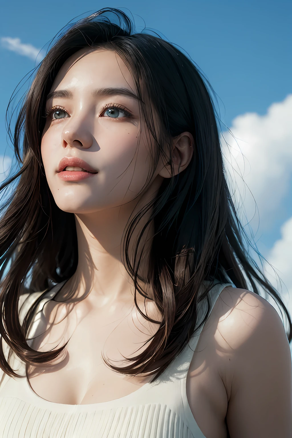 Chiaroscuro, Cinematic lighting, A high resolution, Best quality, 4K, High quality, High details, Super detail, Masterpiece，with blue sky and white clouds，tall nose bridge，Raised sexy，longblackhair，Kizi，ssmile，adolable，Side Body