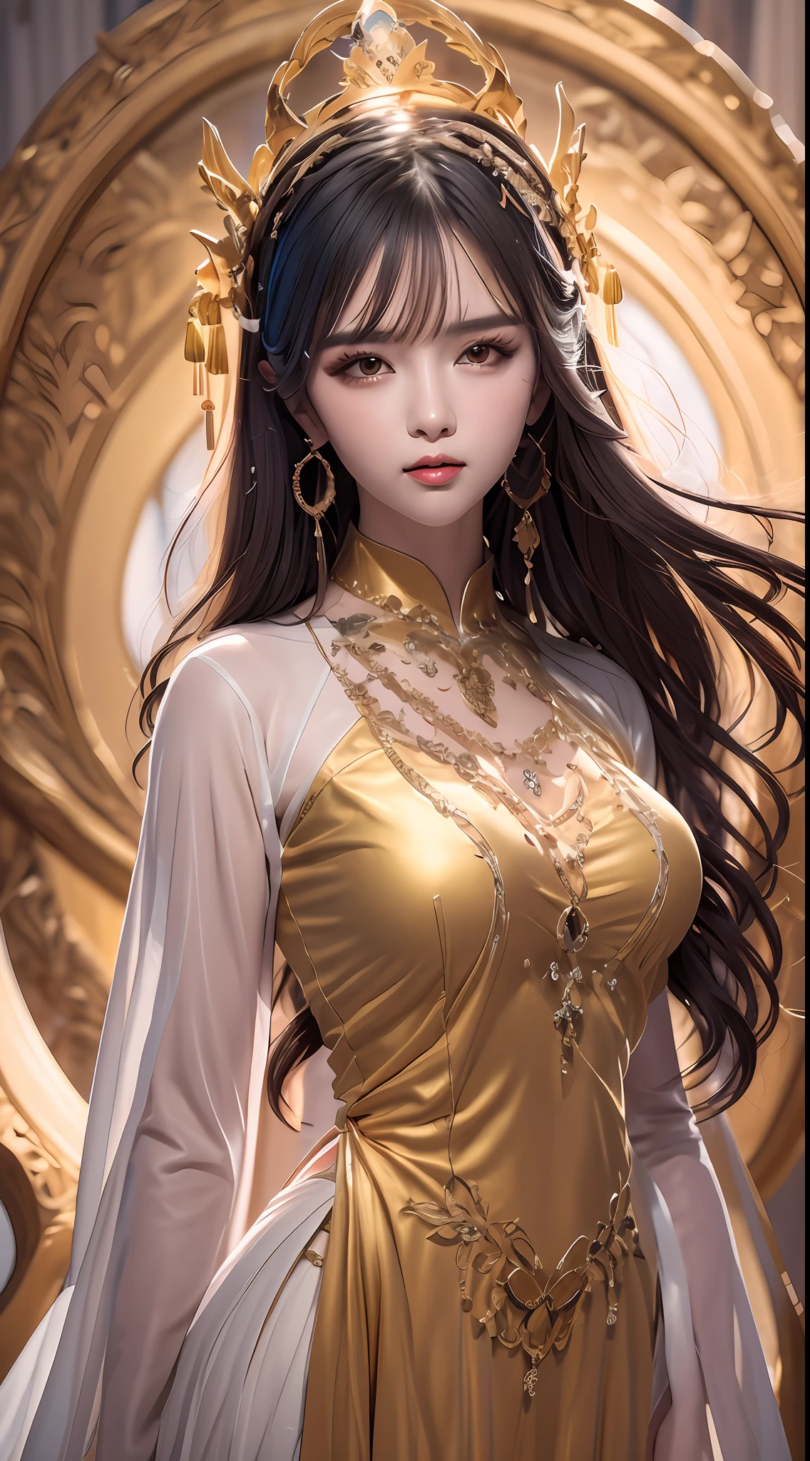 Portrait of a young 20-year-old saint, a saint with a beautiful and super cute face,Wearing a thin red dress with gold edging and glittering and sexy, Ao dai is studded with small sparkling pearls, beautiful cute face, Ao dai with a deep slit in the chest and attractive black and white lace trim, beautiful face without blemishes, shut up, ((7-color hair length:1.2)), big crown, hair brooch, hanfu dress, chinese ancient style, full body jewelry, forehead tattoo, The female saint's breasts are round and very full, breast augmentation, innocent face, The most beautiful and detailed light red lipstick, ((Thin plump lips:0.3)), ((Golden eyes:1.2)), The eyes are delicately decorated,(white and detailed) cinematic, light and dark, dramatic lighting, magical light, extremely detailed light, true color, super sharp, realistic, 8k quality, fantasy universe background, saints and magical space, the most detailed images, Solo, a saintess, ((looking directly at the saint's upper body:0.4)), ((smooth skin:0.5)), Extremely detailed pixels, super true, extremely detailed and complex graphics, the highest resolution, close-up portrait,