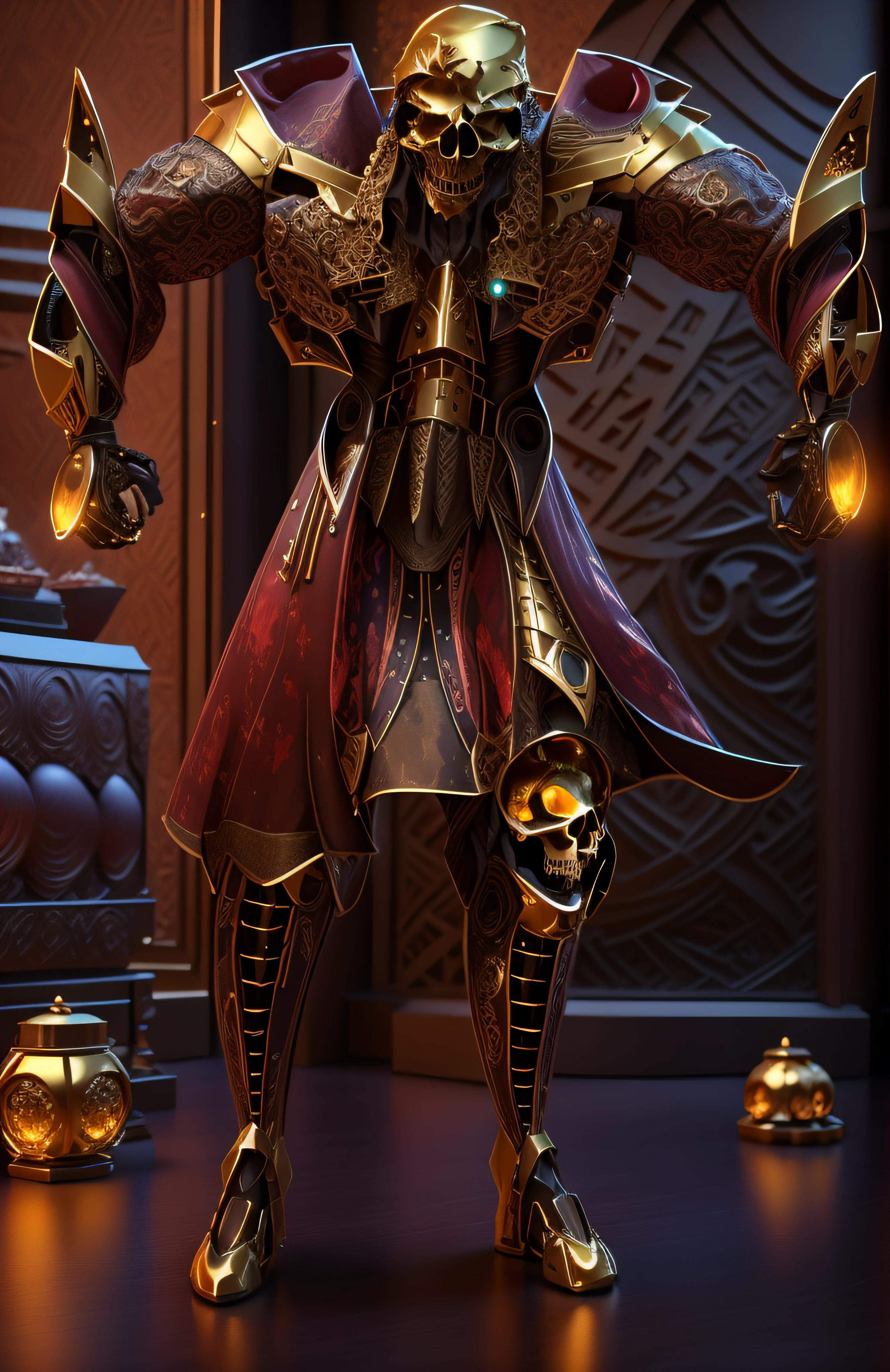 The sinister depiction of a skull-themed pirta, vermelho luminoso com dourado, pele feita de neon amarelo, 3D-rendering, Hyper-realistic graphics, 3D-rendering, 8k, NVIDIA, RTX 4090 | | | | | | | | | | | |, ray tracing, Bokeh, Galaxy scenery,