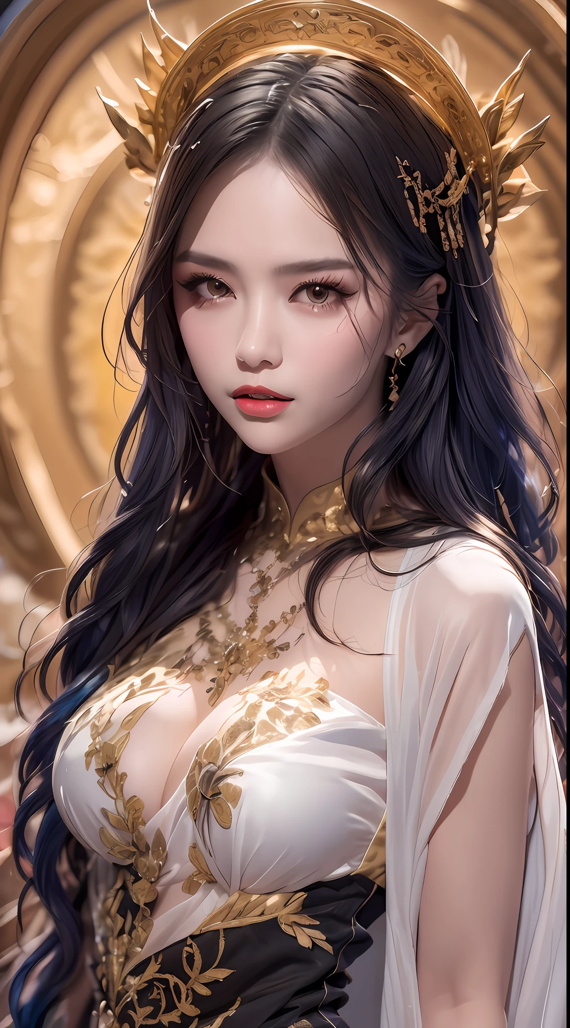 Portrait of a young 20-year-old saint, a saint with a beautiful and super cute face,Wearing a thin red dress with gold edging and glittering and sexy, Ao dai is studded with small sparkling pearls, beautiful cute face, Ao dai with a deep slit in the chest and attractive black and white lace trim, beautiful face without blemishes, shut up, ((7-color hair length:1.2)), big crown, hair brooch, hanfu dress, chinese ancient style, full body jewelry, forehead tattoo, The female saint's breasts are round and very full, breast augmentation, innocent face, The most beautiful and detailed light red lipstick, ((Thin plump lips:0.3)), ((Golden eyes:1.2)), The eyes are delicately decorated,(white and detailed) cinematic, light and dark, dramatic lighting, magical light, extremely detailed light, true color, super sharp, realistic, 8k quality, fantasy universe background, saints and magical space, the most detailed images, Solo, a saintess, ((looking directly at the saint's upper body:0.4)), ((smooth skin:0.5)), Extremely detailed pixels, super true, extremely detailed and complex graphics, the highest resolution, close-up portrait,
