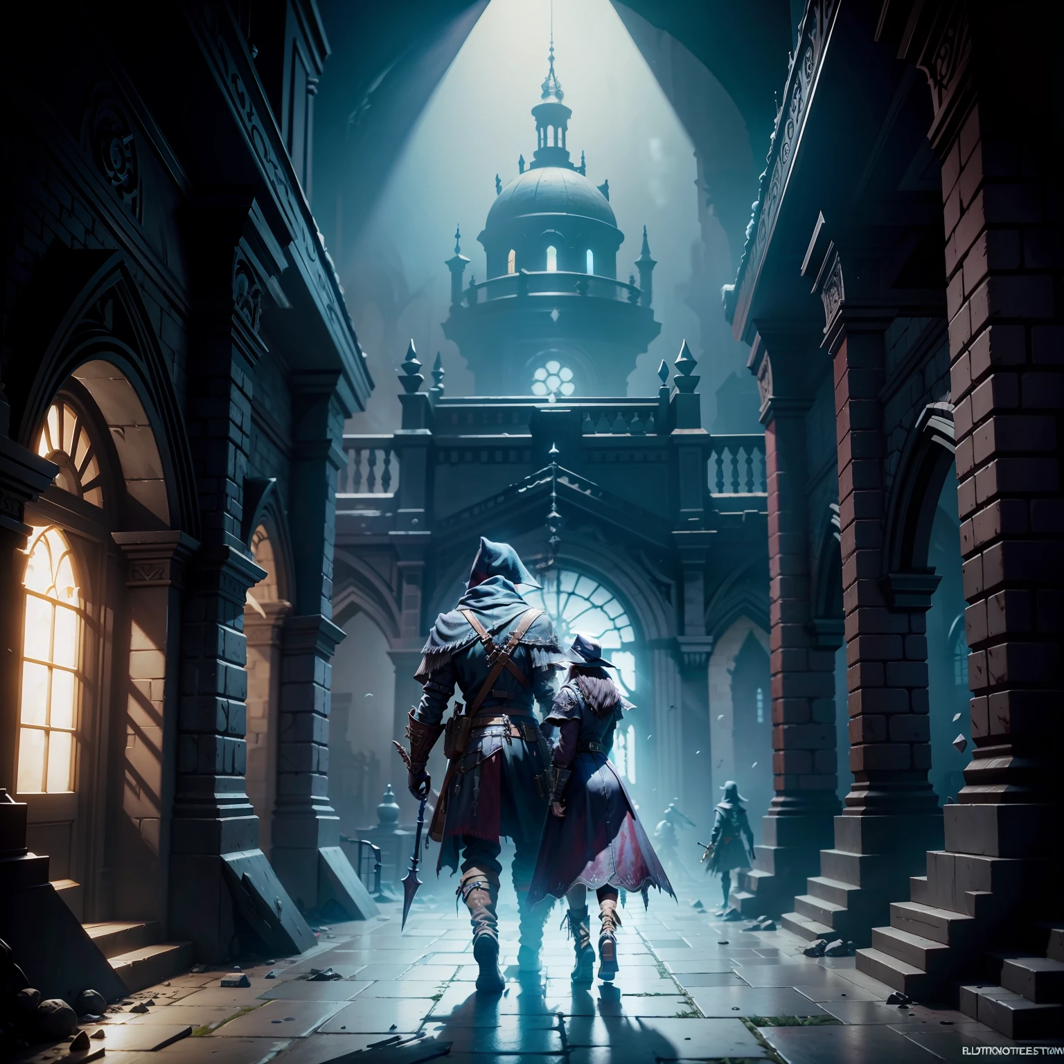 Fortnite style characters，Bloodborne Curse style dungeons，cartoony，tmasterpiece，废墟，Background with：1.2，Interior of the building：1.5，Bright picture，