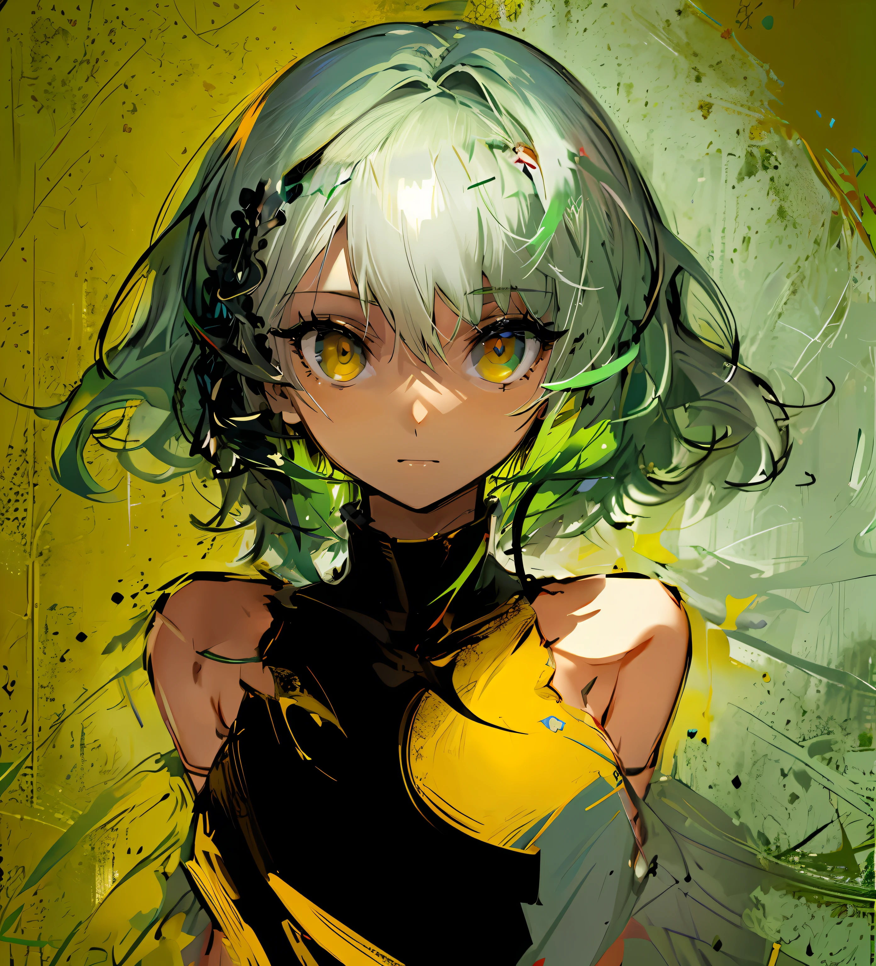 simple backgound,Green hair,超高分辨率,A half body,Golden eyes,paleskin,Plain white background