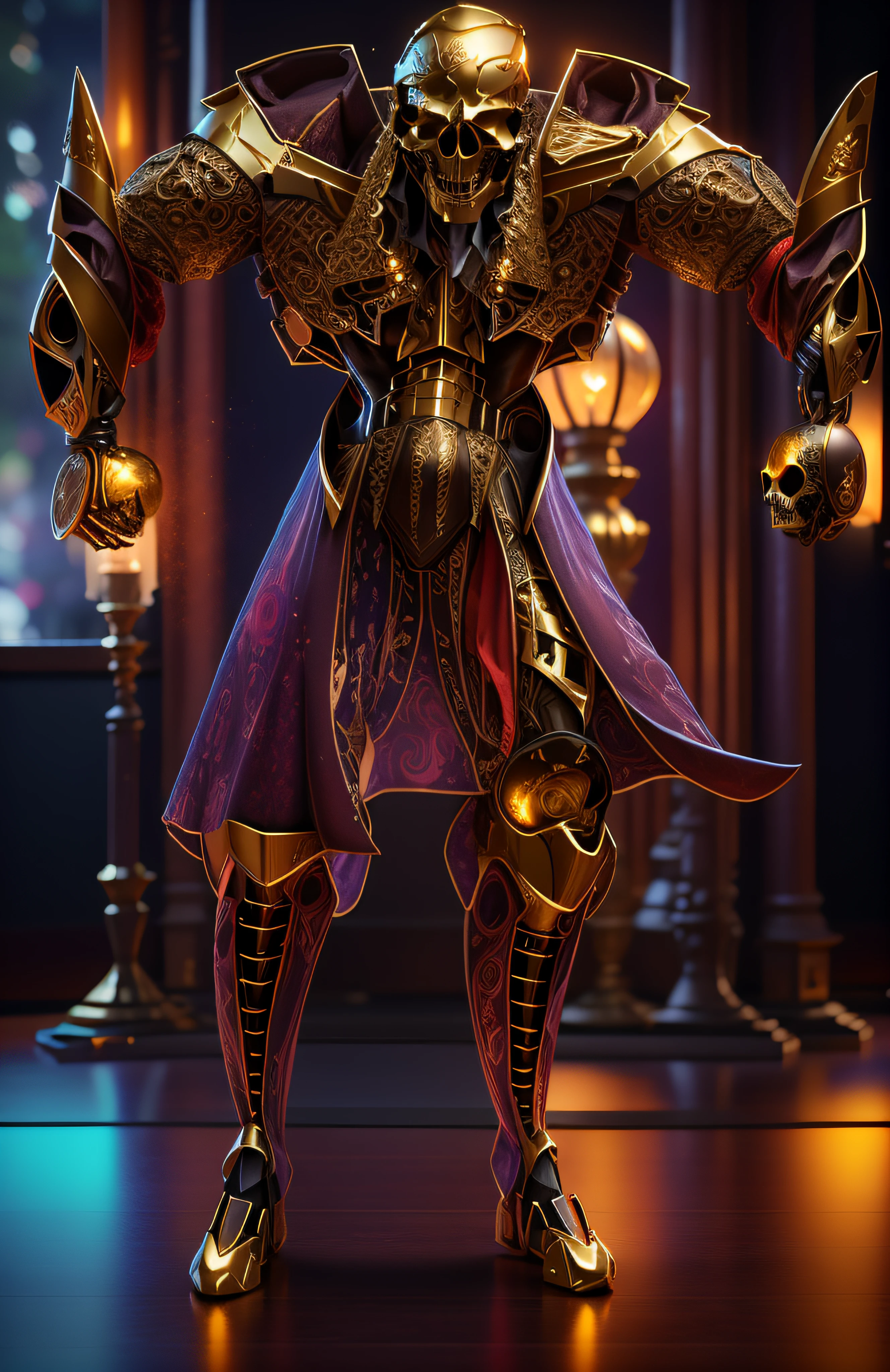 The sinister depiction of a skull-themed pirta, vermelho luminoso com dourado, pele feita de neon amarelo, 3D-rendering, Hyper-realistic graphics, 3D-rendering, 8k, NVIDIA, RTX 4090 | | | | | | | | | | | |, ray tracing, Bokeh, Galaxy scenery,