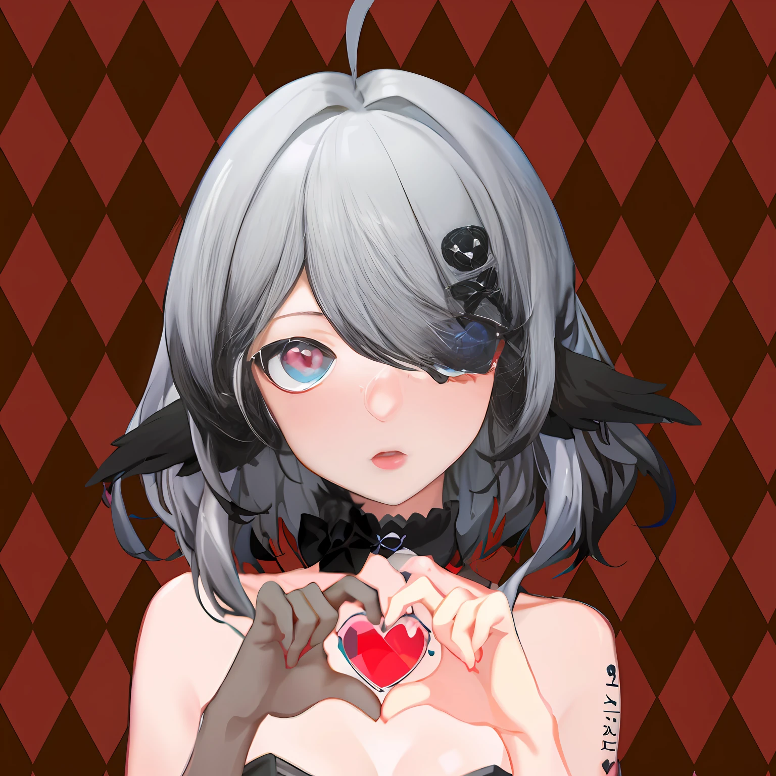 Anime girl with brunette and bow tie holding a heart, digital art from danganronpa, gapmoe Yandere grimdark, portrait gapmoe yandere grimdark, Yandere, junko enoshima from danganronpa, gapmoe Yandere, pixiv 3dcg, Digital art on Pixiv, 2 b, 2b, nier inspired