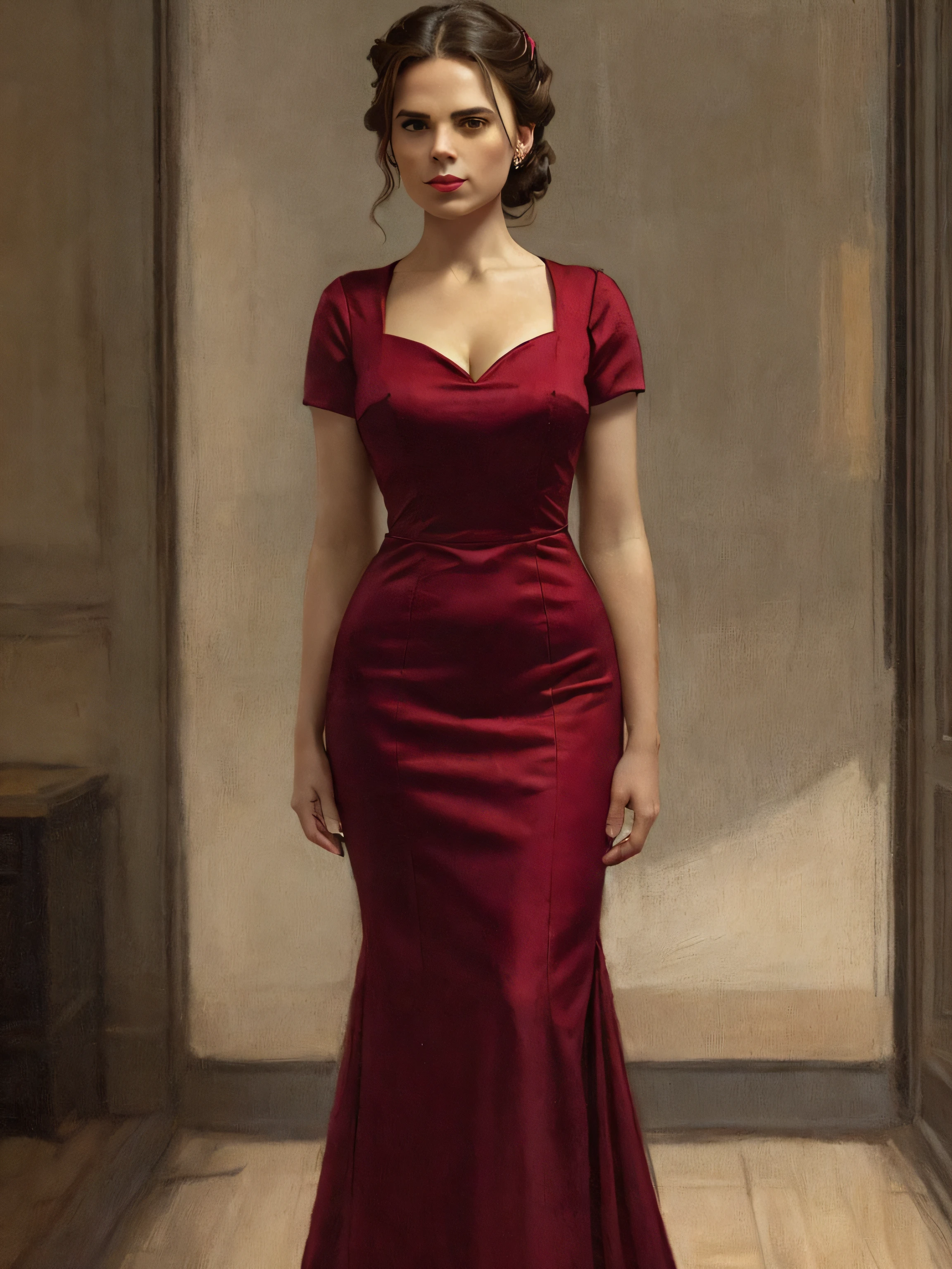 (Thirty year old) woman, standing, wearing a (floor length scarlet red Victorian dress:1.2), beautiful legs, dreamy photo, dramatic pose, looking straight at camera, intense stare, slight smile, blood red lips, dark eye make-up, beautiful landscape, Victorian gothic, misty, andre kohn, Canon, (Detailed features::1.2), real life. Hayley Atwell, intricate, 8k, highly detailed, (extremely detailed CG unity 8k wallpaper), ((square jaw)), (well defined jaw), (downturned lips), (detailed anatomy), Hyperrealistic full shot body image, trending on CGSociety, Intricate, High Detail, Sharp focus, dramatic, volumetric lighting, digital painting, intense, modelshoot style, (extremely detailed CG unity 8k wallpaper), full shot body photo of the most beautiful artwork in the world, pearl skin, professional majestic oil painting by Ed Blinkey, Atey Ghailan, Studio Ghibli, by Jeremy Mann, Greg Manchess, Antonio Moro, trending on ArtStation, photorealistic painting art by midjourney and greg Rutkowski