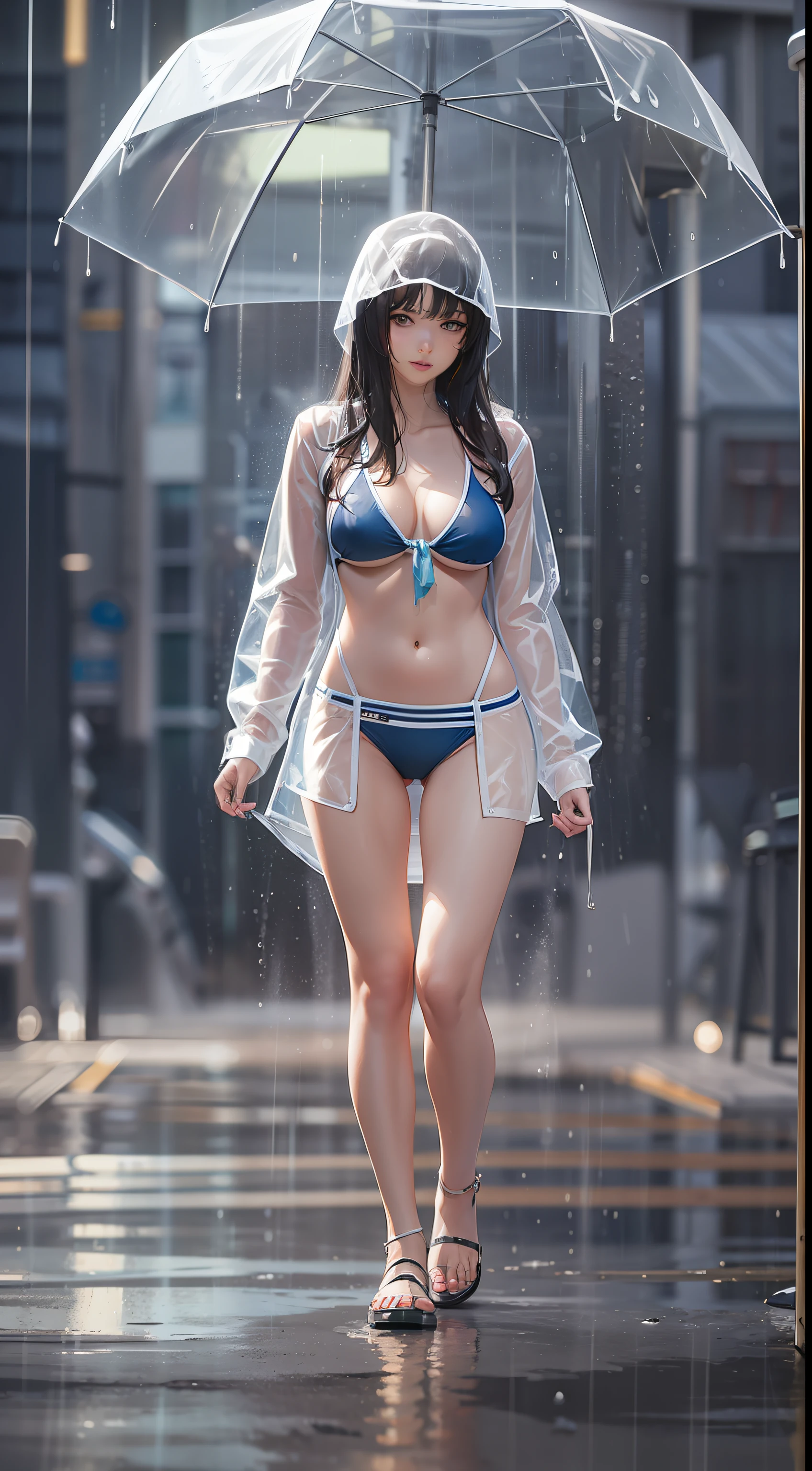 Hot Sexy girl wear Raincoat Transparent Bikini With Raining Background, Full Body