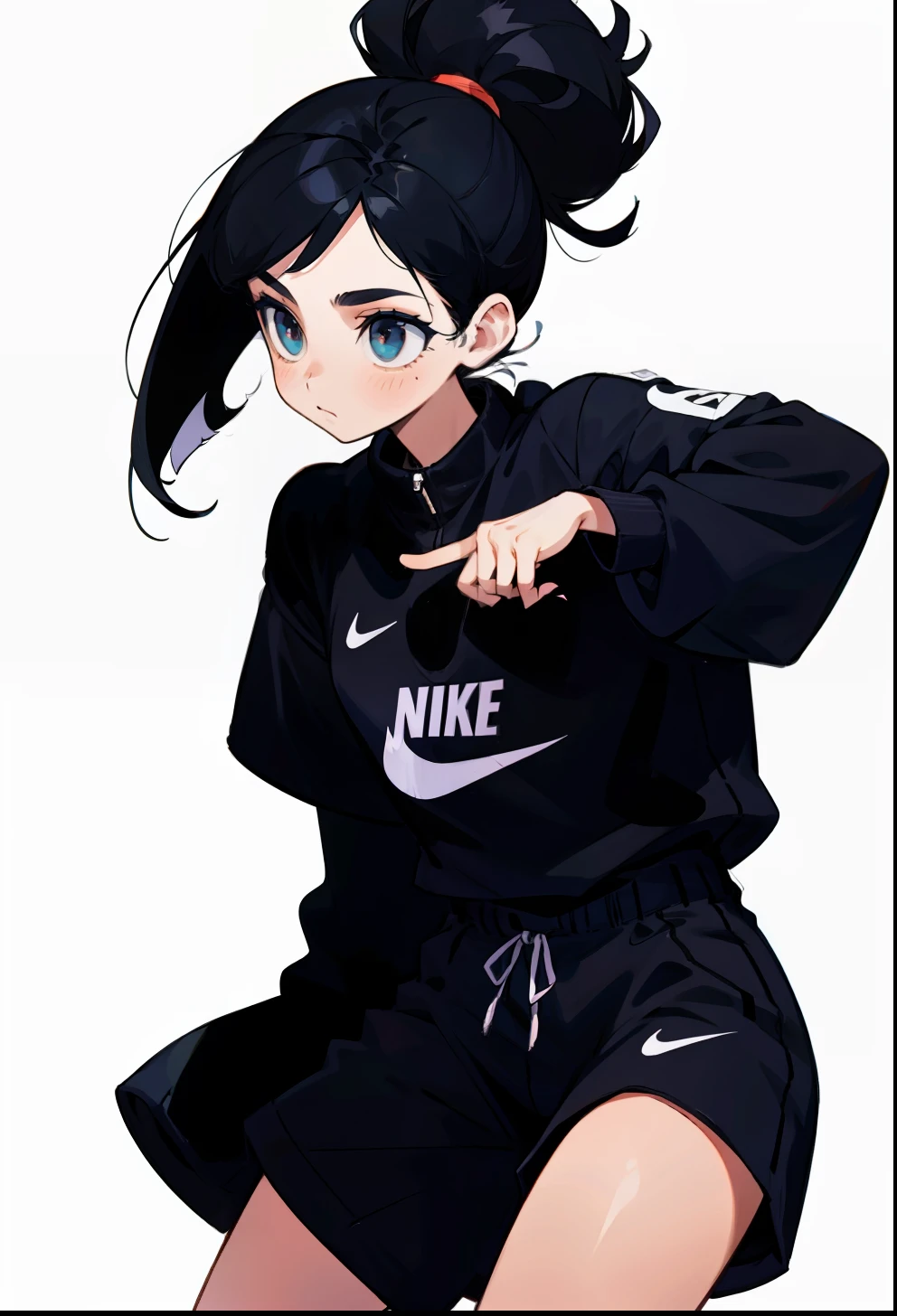 Black hair, 1Girl, Nike Apparel, single hair,