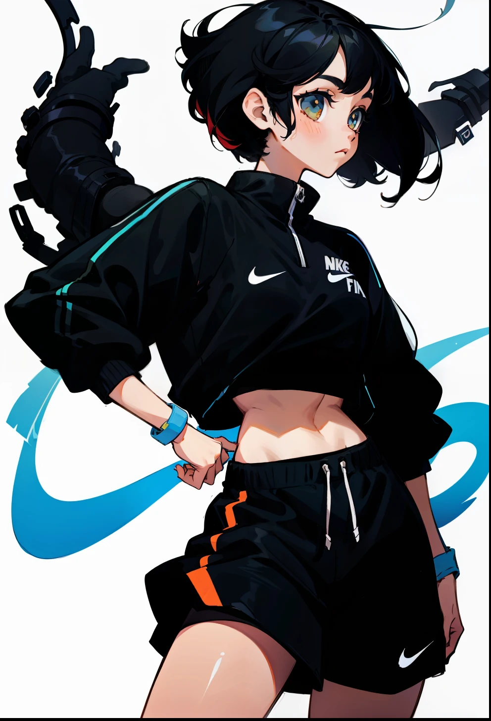 Black hair, 1Girl, Nike Apparel, single hair,