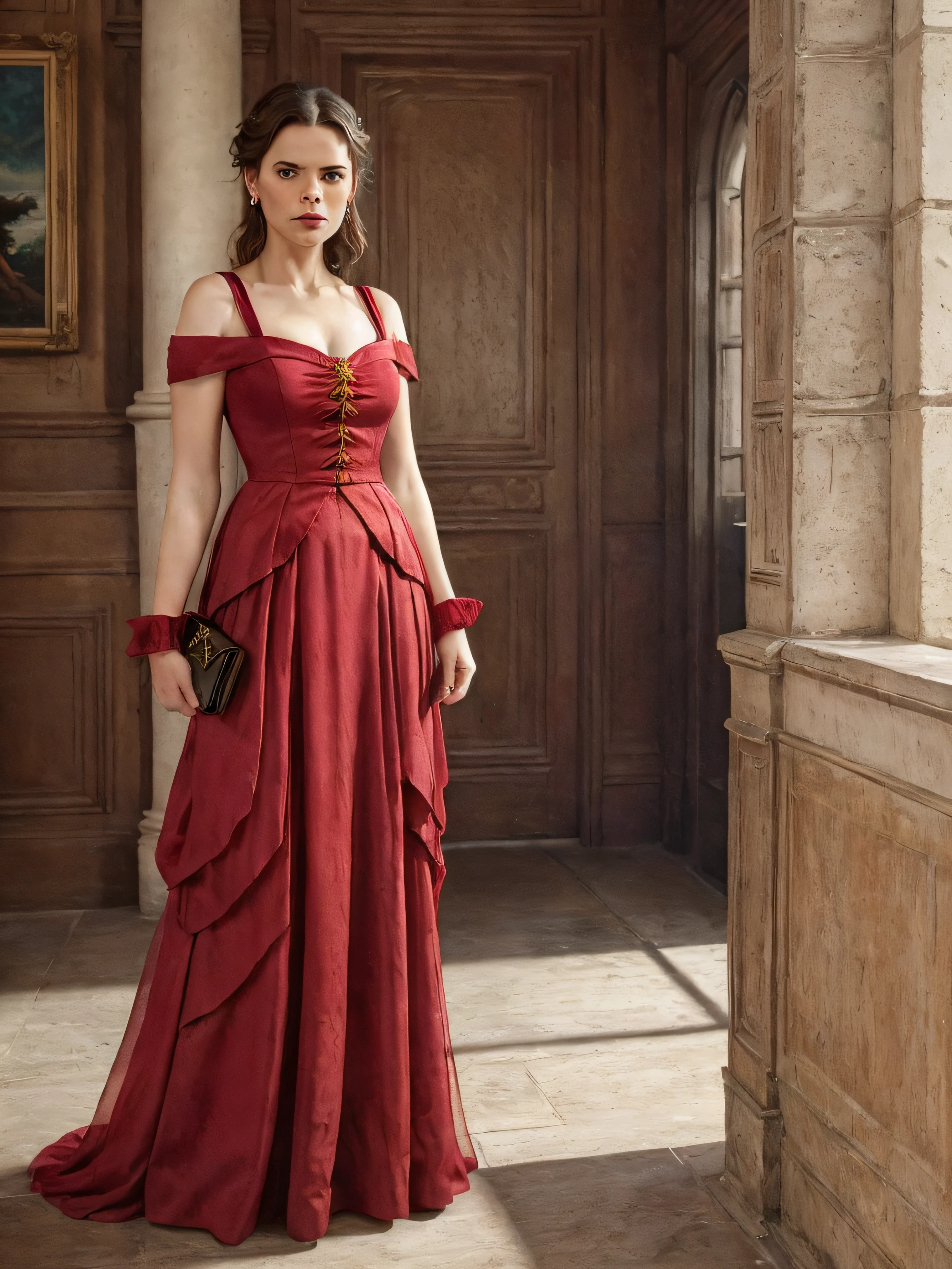 (Thirty year old) woman, standing, wearing a (floor length scarlet red Victorian dress:1.2), beautiful legs, dreamy photo, dramatic pose, looking straight at camera, intense stare, slight smile, blood red lips, dark eye make-up, beautiful landscape, Victorian gothic, gothic architecture, misty, andre kohn, Canon, (Detailed features::1.2), real life. Hayley Atwell, intricate, 8k, highly detailed, (extremely detailed CG unity 8k wallpaper), ((square jaw)), (well defined jaw), (downturned lips), (detailed anatomy), Hyperrealistic full shot body image, trending on CGSociety, Intricate, High Detail, Sharp focus, dramatic, volumetric lighting, digital painting, intense, modelshoot style, (extremely detailed CG unity 8k wallpaper), full shot body photo of the most beautiful artwork in the world, pearl skin, professional majestic oil painting by Ed Blinkey, Atey Ghailan, Studio Ghibli, by Jeremy Mann, Greg Manchess, Antonio Moro, trending on ArtStation, photorealistic painting art by midjourney and greg Rutkowski