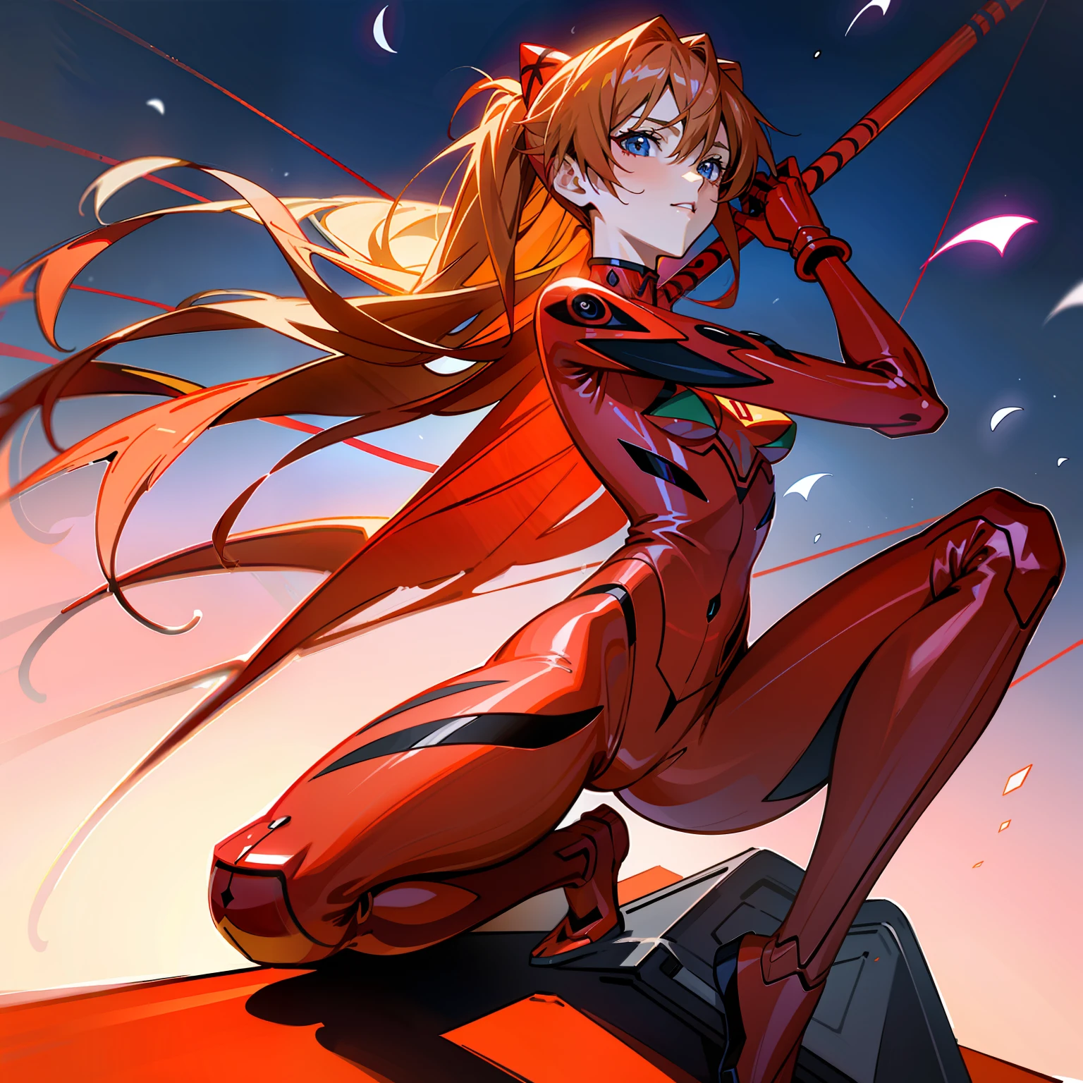 tmasterpiece，HighestQuali，k hd，a woman in a suit of red，With a bat in hand, full body zenkai! asuka suit, asuka suit under clothes!, asuka, asuka langley, asuka langley sohryu, asuka langley souryuu, Asuka Langley Soryu, beautiful asuka from evangelion, asuka from evangelion, portrait of asuka langley soryu，Blushing