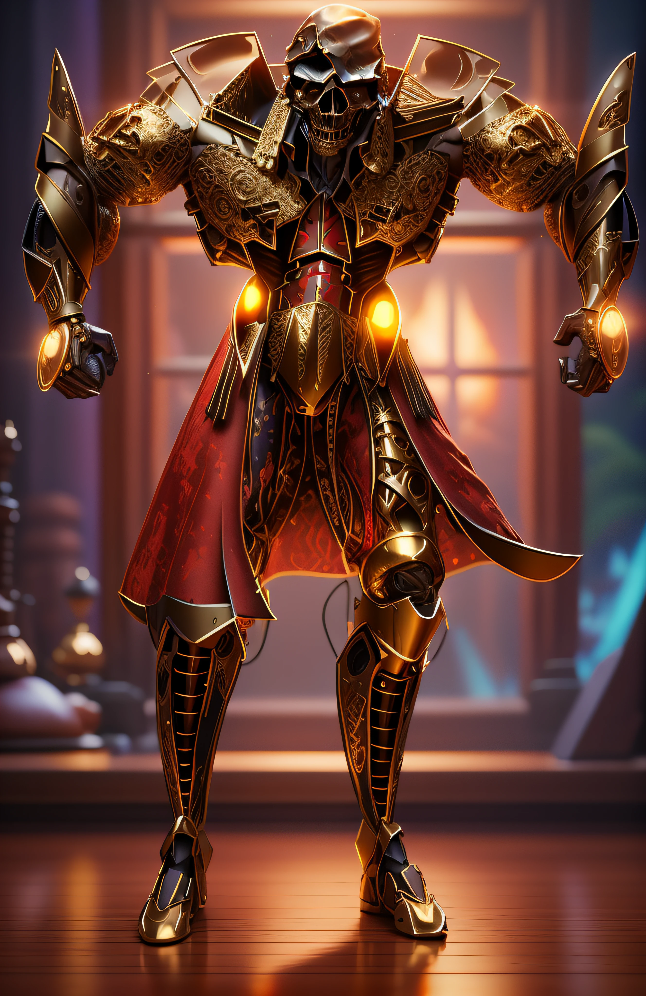 The sinister depiction of a skull-themed pirate, vermelho luminoso com dourado, pele feita de neon amarelo, in fighting positions like those of the fighters of the game Street Fighter VI,3D-rendering, Hyper-realistic graphics, 3D-rendering, 8k, NVIDIA, RTX 4090 | | | | | | | | | | | | |, ray tracing, Bokeh, Galaxy scenery,