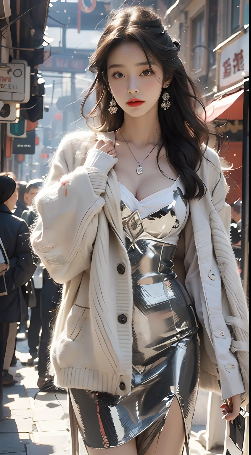 （best qualtiy，tmasterpiece，超高分辨率），（realisticlying：1.4），1girll，adult face，slim，（shiny skins），（contours，frontage，eventide），whaite hair，long whitr hair，黑The eye，（big cleavage breasts），Top fashion，（（White plush coat）），（nevando：1.5，pedestrian street，The city in winter），(Clear eyes，(Clear nose，(Clear lips))，(Ultra-realistic textile maps)，