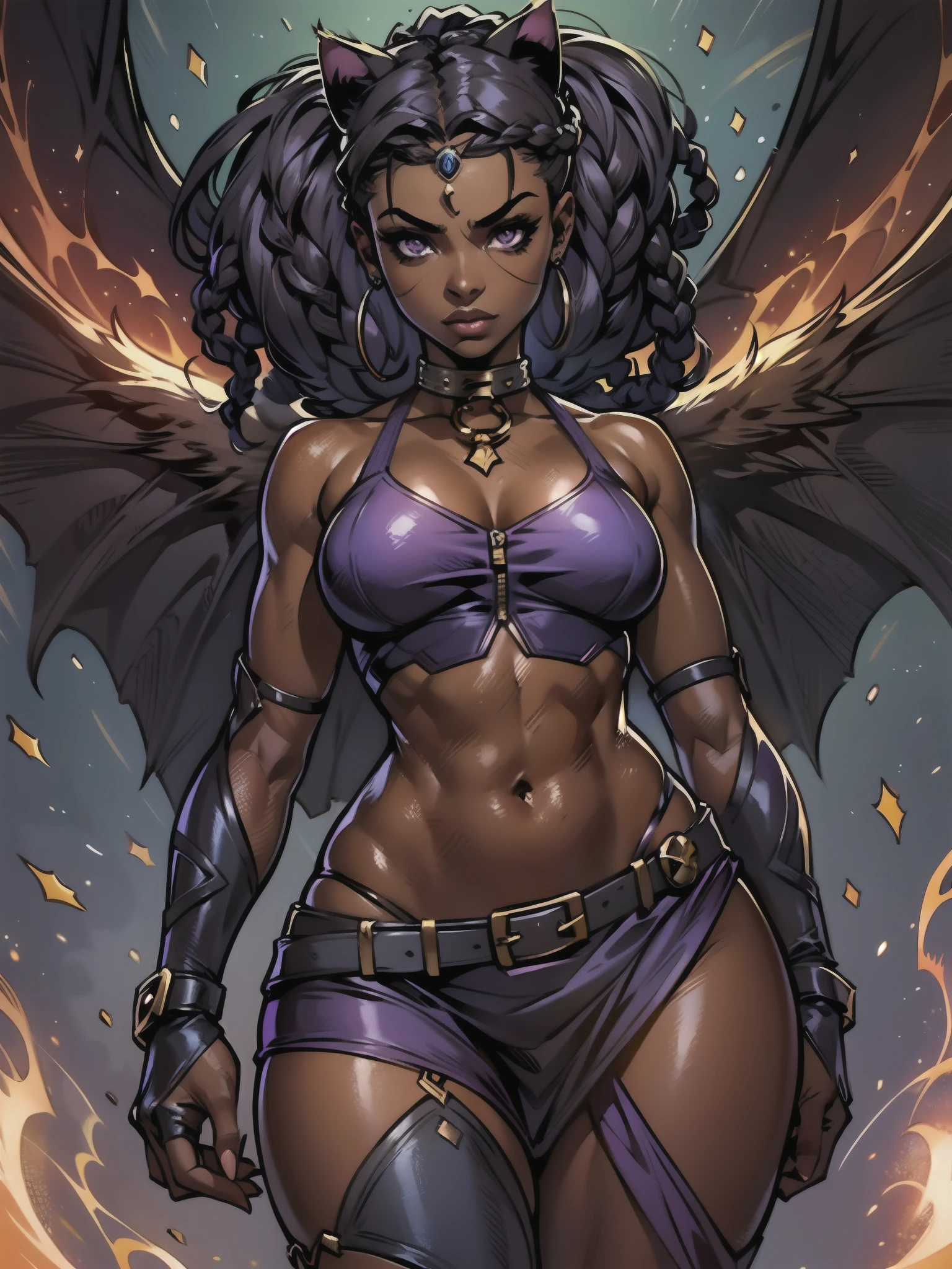 Masterpiece, Excellent, 1girl, solo, complex details, color diffusion, comic book, anime, marvel, DC, catgirl, dark skin, ebony, brown skin, dark-skinned female, thighs, cat ears, dark hair, black hair, braids, dreadlocks, braided hair, purple eyes, skimpy attire, epic attire, assassin, badass, deadly but sexy, trending, demon, goddess, Super Villain