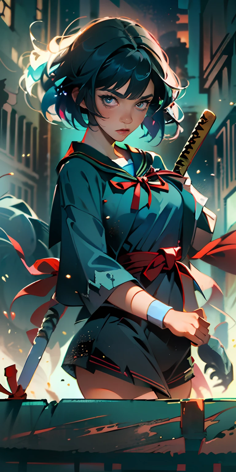 (best quality, masterpiece), 1girl, 12 year age, samurai sword, (((dark blue costume))) ((red ribbon)) ((very short bobcut hair, jetblack hair,particle, wind, looking at viewer, school sailor costume, thin body, monsters in background, backlighting, ((whole body)), pose, dark alley