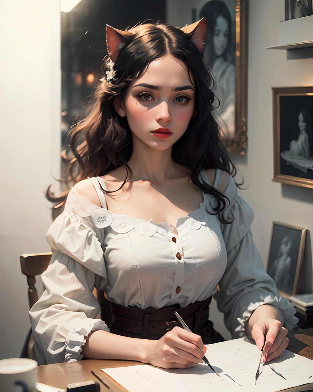 a woman with red lipstick and a white white, in the style of anaglyph filter, black and white art, briana mora, singular focus, drawing machines, kitty lange kielland, blink-and-you-miss-it detail --auto --s2