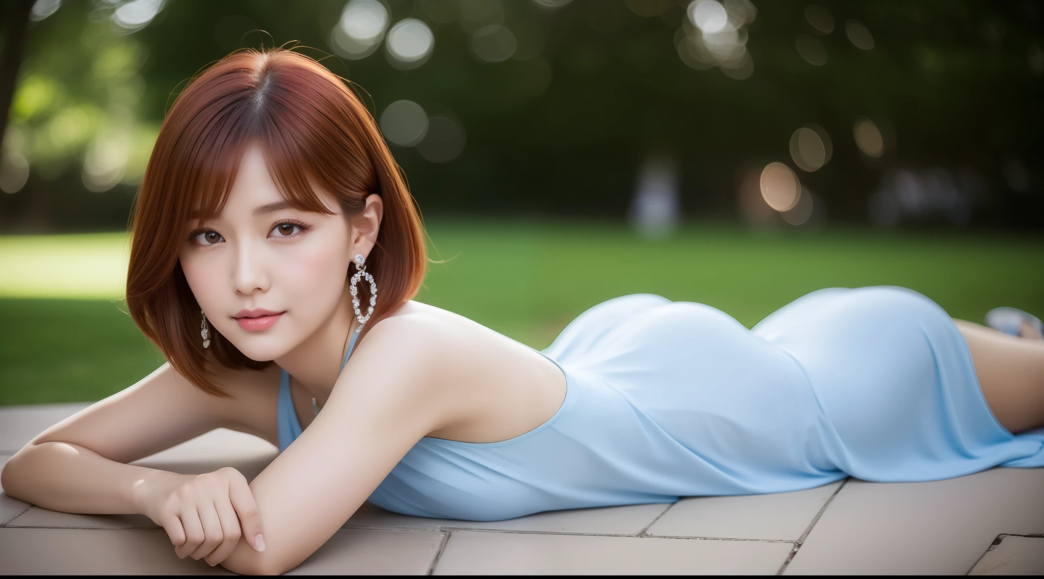 A girl lying on her stomach in the park at night,Clear sky in the background. Park benches and soft lighting, Rear photo, (Side photography), looking back at the viewer, (Masterpiece), ((Ultra-detailed)), (Highly detailed), (Expressionless), (Best quality: 1.2), 8K, hdr, A high resolution, absurderes: 1.2, Object perspective, Blurred background, Bokeh: 1.1, Lens flare, (vivd colour: 1.2), High quality texture, Detailed texture, High-quality lighting and shadows, a face with perfect proportion, full bodyesbian, Mature and excited body, Detailed skin texture, vibrant, pale and radiant skin, natural saggy breasts, gigantic bosom: 1.5, High waist, Narrow waist: 1.3, Wide hips, Full buttocks, Detailed beautiful face, (PureErosFace_V1:1.3)(Ulzzang-6500:0.4) Detailed beautiful eyes, Symmetrical eyes, Perfect eyes, Seductive eyes, Beautiful nose, High nose, Clear blush, Detailed lips, Earrings, hoop earings, necklace, jewelry, Sapphire heart necklace, Silver-toned high-heeled sandals, Seductive expression, Smile, Perfect hands, Delicate and beautiful fingers, Detailed beautiful legs, photo-realistic hair, detailed hairs, (Silver dress, Red dress, Blue dress), Chisato Nishiki, Short hair, Blonde hair, (Red eyes: 1.5), Hair ribbon, Bob cut, Red hair ribbon,),gigantic cleavage breasts,Japan goddess,blush,