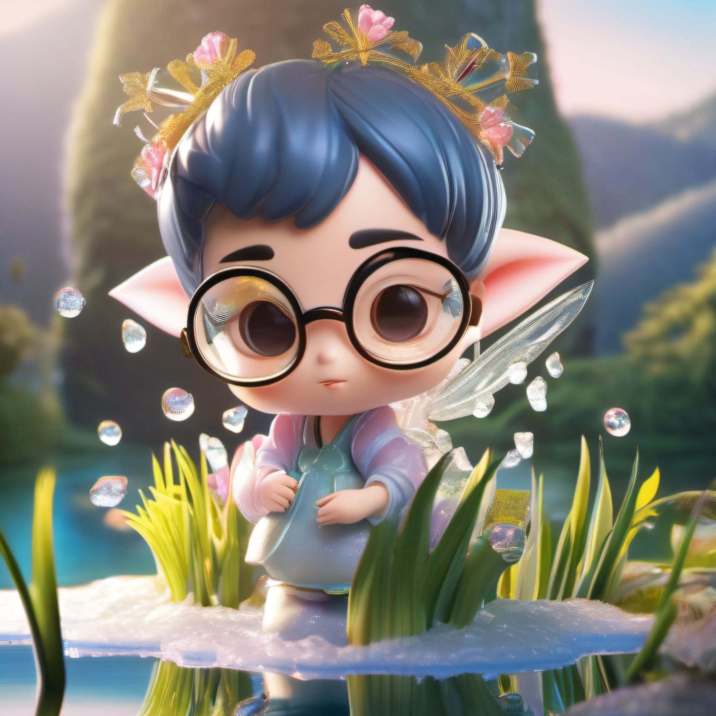 Exquisite blind box collection style, The charming and adorable narcissus confidently manipulates the swirling water column into delicate ice crystals. Displayed in mid-air, Breathtaking glasses come to life with amazing 16K super resolution. The fairy herself is presented in ultra-detailed close-ups, Her unique facial features exude expressiveness. Her eyes, Big and vibrant, beautiful with detail, Has a carefully drawn iris pattern. Light blue splash, Silver, Dazzling crystal white, Pasty pink adorns the palette. Filmed under the direction of Hayao Miyazaki, The scene is undeniably cute, Irresistible kawaii, And show off realistic details, Take the audience into the magical realm of fairies