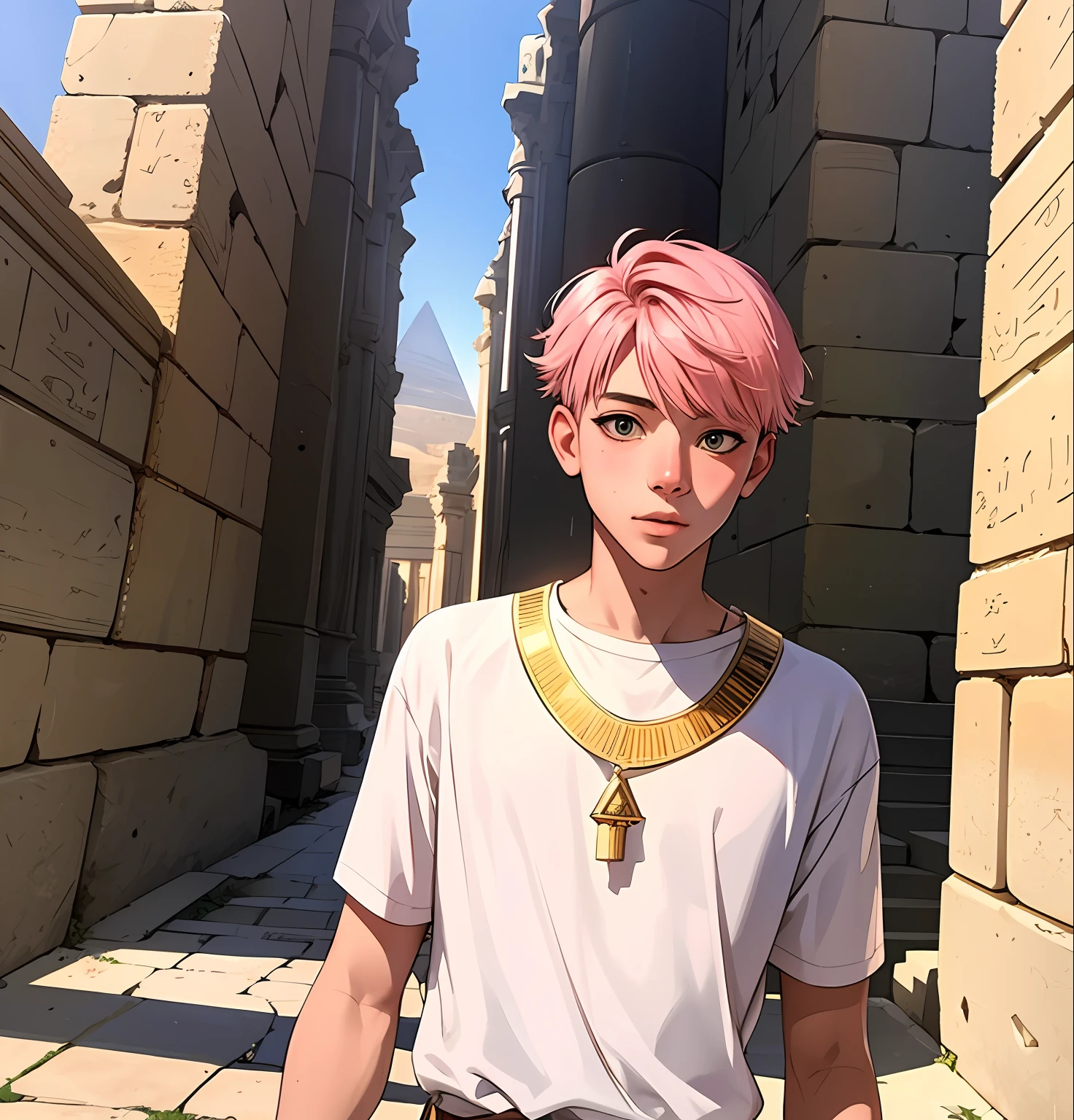 A 15-year-old boy with short pink hair is a man who has honey-colored eyes of this white hanging at the bottom of ancient Egypt you can see the pyramids