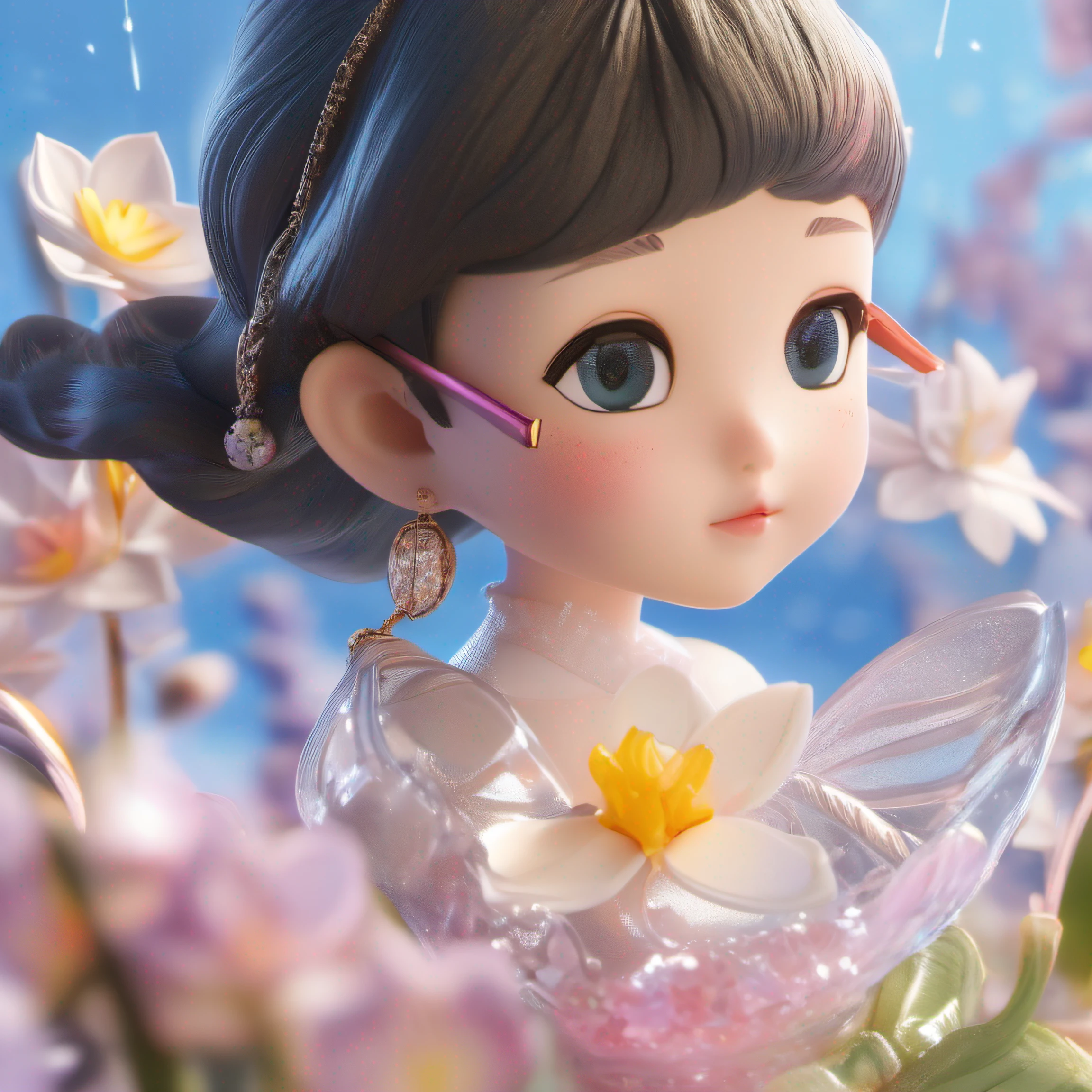 Exquisite blind box collection style, The charming and adorable narcissus confidently manipulates the swirling water column into delicate ice crystals. Displayed in mid-air, Breathtaking glasses come to life with amazing 16K super resolution. The fairy herself is presented in ultra-detailed close-ups, Her unique facial features exude expressiveness. Her eyes, Big and vibrant, beautiful with detail, Has a carefully drawn iris pattern. Light blue splash, Silver, Dazzling crystal white, Pasty pink adorns the palette. Filmed under the direction of Hayao Miyazaki, The scene is undeniably cute, Irresistible kawaii, And show off realistic details, Take the audience into the magical realm of fairies