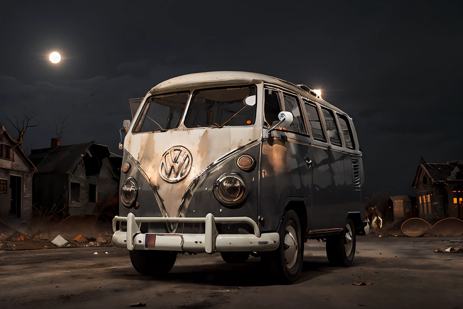 analog gloomy photo of an (orange) volkswagen kombi,  ((haunted house:1.0)), (walking dead:1.0), zombie apocalypse, (abandoned town at (midnight)), (full moon), (winter), (snow), ((horror movie)), ((nighttime)), lost in the wood, ruins, dilapidated buildings, High Detail, Sharp focus, (photorealism), realistic, best quality, 8k, award winning, dramatic lighting, epic, cinematic, masterpiece, rim light, ambient fog:1.5, dutch angle,