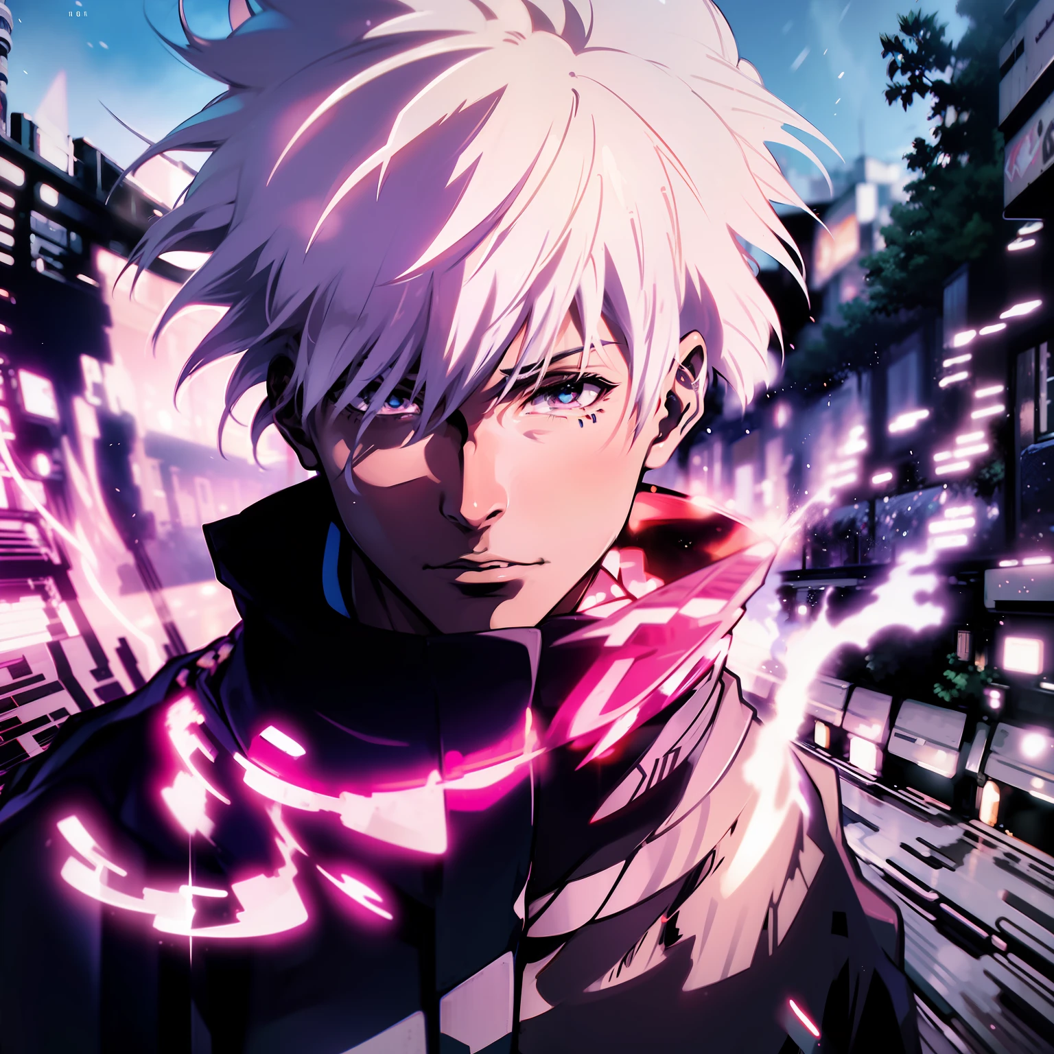 ((Best quality)), ((masterpiece)), ((realistic)), depict Satoru Gojou in his black outfit, with his vibrant blue eyes shining, engaged in a fierce battle amidst an urban cityscape at dusk. The scene should be filled with intense action and dynamic energy, showcasing the power and skill of the character. The lighting should be dramatic, with vibrant neon lights illuminating the surroundings. The artwork should be created in the style of manga, specifically inspired by the works of Hokusai. Utilize digital painting as the medium to capture the intricate details and convey the intensity of the scene. The artwork should be dynamic and action-packed, with a color scheme that includes vibrant blues, purples, and oranges. Employ cel-shaded 3D computer graphics to add depth and a unique visual style to the composition. Ensure the artwork is of high quality, with a focus on achieving a realistic portrayal of the character and his surroundings. The final result should be a scenic masterpiece that captures the essence of the intense battle featuring Satoru Gojou.