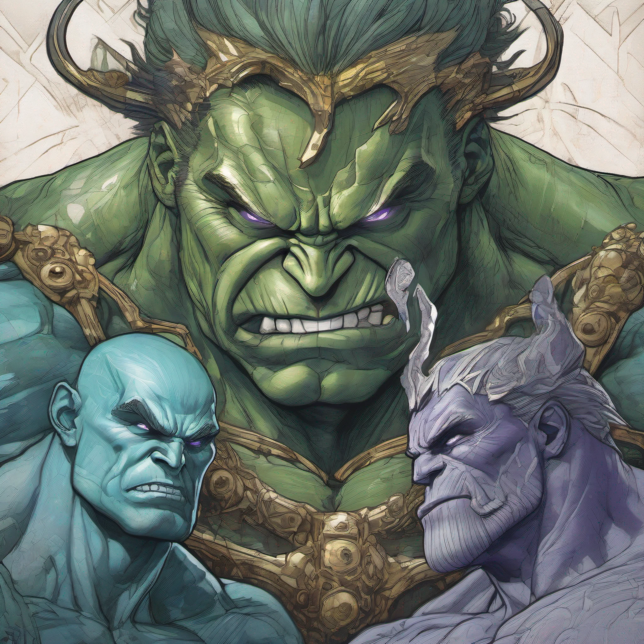 Hulk versus Thanos, large eyes, frost giant, muted color wash, textured, grunge aesthetic, copic marker, pen and ink, stained, mixed media, head and shoulders portrait, intricate detail, surreal, illustration by Daniel Merriam and Charlie Bowater and Kaethe Butcher, perfect composition, masterpiece, concept art, dynamic lighting, golden ratio, 16k, trending on artstation